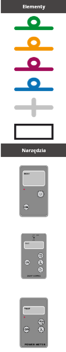 Widok okna wyboru toru światłowodowego, składający się z dwóch sekcji, na górze znajduje się okno "Elementy" z ikoną do wyboru, na dole "Narzędzia".