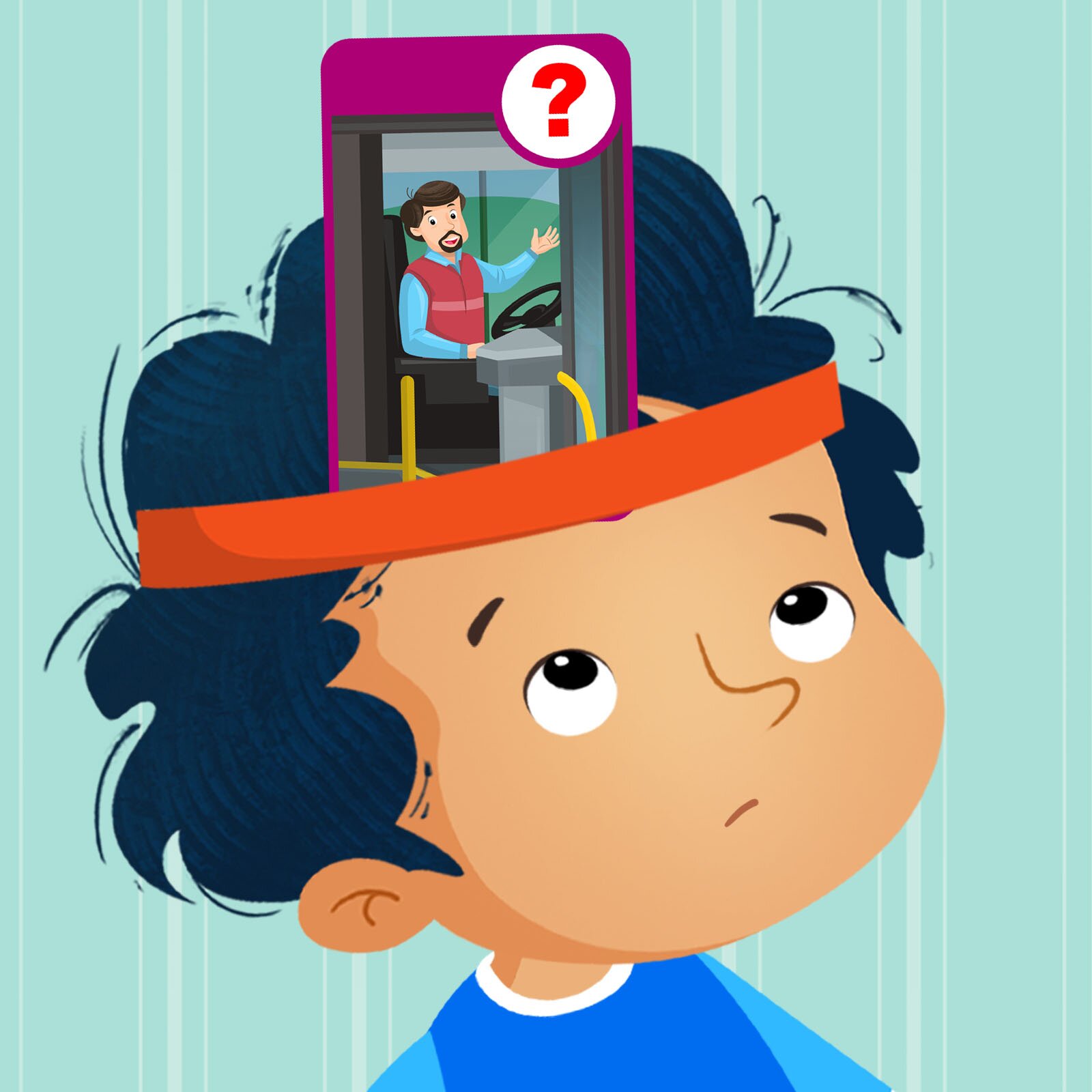 Ilustracja przedstawia chłopca, który ma na czole kartę przedstawiającą kierowcę busa. Obok postaci widoczny jest czerwony znak zapytania.