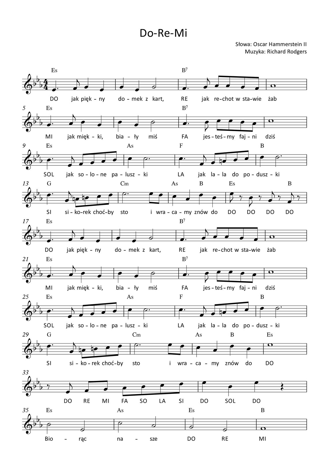 Grafika przedstawia partyturę utworu „Do‑Re‑Mi” z muzyką autorstwa kompozytora Richarda Rodgersa oraz tekstem autorstwa Oscara Hammersteina II; utwór jest napisany w metrum cztery czwarte, w tonacji Es‑dur. Partytura ma dwie strony, na których zapisano siedemdziesiąt jeden taktów. Melodię zapisano w kluczu wiolinowym, a pod nutami zanotowano tekst. Wszystkie dźwięki należą do oktaw razkreślnej lub dwukreślnej. To jest opis pierwszej strony partytury.
W pierwszym takcie w pierwszej linijce utworu na pierwszą miarę śpiewana jest ćwierćnuta z kropką es, dalej ósemka f, na miarę trzecią ćwierćnuta g, a na miarę czwartą ćwierćnuta es. Nad taktem zapisano akord Es‑dur. W drugim takcie na pierwszą miarę śpiewana jest ćwierćnuta g, na miarę drugą ćwierćnuta es, a na miary trzecią oraz czwartą półnuta g. Nad taktem zapisano akord Es‑dur. W trzecim takcie na pierwszą miarę śpiewana jest ćwierćnuta z kropką f, dalej ósemka g, na miarę trzecią dwie ósemki as, a na miarę czwartą ósemki g oraz f. Nad taktem zapisano akord: dominantę septymową B. W czwartym takcie śpiewana jest cała nuta as. Nad taktem zapisano akord: dominantę septymową B.
W piątym takcie na pierwszą miarę śpiewana jest ćwierćnuta z kropką g, dalej ósemka as, na miarę trzecią ćwierćnuta b, a na czwartą miarę ćwierćnuta g. Nad taktem zapisano akord Es‑dur. W takcie szóstym na pierwszą miarę śpiewana jest ćwierćnuta b, na miarę drugą ćwierćnuta g, natomiast na miary trzecią oraz czwartą półnuta b. Nad taktem zapisano akord Es‑dur. W takcie siódmym na pierwszą miarę śpiewana jest ćwierćnuta z kropką as, dalej ósemka b, na miarę trzecią dwie ósemki c, a na miarę czwartą ósemki b oraz as. Nad taktem zapisano akord: dominantę septymową B. W ósmym takcie śpiewana jest cała nuta c. Nad taktem zapisano akord: dominantę septymową B.
W dziewiątym takcie na pierwszą miarę śpiewana jest ćwierćnuta z kropką b, dalej ósemka es, na miarę trzecią ósemki f oraz g, a na miarę czwartą ósemki as oraz b. Nad taktem zapisano akord Es‑dur. W takcie dziesiątym na pierwszą miarę śpiewana jest ćwierćnuta c, a na miary od drugiej do czwartej włącznie półnuta z kropką c. Nad taktem zapisano akord As‑dur. W takcie jedenastym na pierwszą miarę śpiewana jest ćwierćnuta z kropką c, dalej ósemka f, na miarę trzecią ósemki g oraz a, a na miarę czwartą ósemki b oraz c. Nad taktem zapisano akord F‑dur. W dwunastym takcie na pierwszą miarę śpiewana jest ćwierćnuta d, natomiast na miary od drugiej do czwartej włącznie półnuta z kropką d. Nad taktem zapisano akord B‑dur.
W takcie trzynastym na pierwszą miarę śpiewana jest ćwierćnuta z kropką d, dalej ósemka g, na miarę trzecią ósemki a oraz h, a na miarę czwartą ósemki c oraz d. Nad taktem zapisano akord G‑dur. W czternastym takcie na pierwsze trzy miary śpiewana jest półnuta z kropką es, a na miarę czwartą ósemki es oraz d. Nad taktem zapisano akord c‑moll. W takcie piętnastym na pierwszą miarę śpiewana jest ćwierćnuta c, na miarę drugą ćwierćnuta as, na trzecią miarę ćwierćnuta d, natomiast na miarę czwartą ćwierćnuta b. Nad taktem zapisano akordy: As‑dur na pierwsze dwie miary oraz B‑dur na miary trzecią oraz czwartą. W takcie szesnastym na pierwszą miarę zapisano ósemkę es oraz pauzę ósemkową, na miarę drugą ósemkę b oraz pauzę ósemkową, na trzecią miarę ósemkę g oraz pauzę ósemkową, natomiast na czwartą miarę ósemkę f oraz pauzę ósemkową. Nad taktem zapisano akord Es‑dur na pierwsze trzy miary, a na miarę czwartą B‑dur.
W siedemnastym takcie na pierwszą miarę śpiewana jest ćwierćnuta z kropką es, dalej ósemka f, na miarę trzecią ćwierćnuta g, a na miarę czwartą ćwierćnuta es. Nad taktem zapisano akord Es‑dur. W osiemnastym takcie na pierwszą miarę śpiewana jest ćwierćnuta g, na miarę drugą ćwierćnuta es, a na miary trzecią oraz czwartą półnuta g. Nad taktem zapisano akord Es‑dur. W dziewiętnastym takcie na pierwszą miarę śpiewana jest ćwierćnuta z kropką f, dalej ósemka g, na miarę trzecią dwie ósemki as, a na miarę czwartą ósemki g oraz f. Nad taktem zapisano akord: dominantę septymową B. W dwudziestym takcie śpiewana jest cała nuta as. Nad taktem zapisano akord: dominantę septymową B.
W dwudziestym pierwszym takcie na pierwszą miarę śpiewana jest ćwierćnuta z kropką g, dalej ósemka as, na miarę trzecią ćwierćnuta b, a na czwartą miarę ćwierćnuta g. Nad taktem zapisano akord Es‑dur. W takcie dwudziestym drugim na pierwszą miarę śpiewana jest ćwierćnuta b, na miarę drugą ćwierćnuta g, natomiast na miary trzecią oraz czwartą półnuta b. Nad taktem zapisano akord Es‑dur. W takcie dwudziestym trzecim na pierwszą miarę śpiewana jest ćwierćnuta z kropką as, dalej ósemka b, na miarę trzecią dwie ósemki c, a na miarę czwartą ósemki b oraz as. Nad taktem zapisano akord: dominantę septymową B. W dwudziestym czwartym takcie śpiewana jest cała nuta c. Nad taktem zapisano akord: dominantę septymową B.
W dwudziestym piątym takcie na pierwszą miarę śpiewana jest ćwierćnuta z kropką b, dalej ósemka es, na miarę trzecią ósemki f oraz g, a na miarę czwartą ósemki as oraz b. Nad taktem zapisano akord Es‑dur. W takcie dwudziestym szóstym na pierwszą miarę śpiewana jest ćwierćnuta c, a na miary od drugiej do czwartej włącznie półnuta z kropką c. Nad taktem zapisano akord As‑dur. W takcie dwudziestym siódmym na pierwszą miarę śpiewana jest ćwierćnuta z kropką c, dalej ósemka f, na miarę trzecią ósemki g oraz a, a na miarę czwartą ósemki b oraz c. Nad taktem zapisano akord F‑dur. W dwudziestym ósmym takcie na pierwszą miarę śpiewana jest ćwierćnuta d, natomiast na miary od drugiej do czwartej włącznie półnuta z kropką d. Nad taktem zapisano akord B‑dur.
W takcie dwudziestym dziewiątym na pierwszą miarę śpiewana jest ćwierćnuta z kropką d, dalej ósemka g, na miarę trzecią ósemki a oraz h, a na miarę czwartą ósemki c oraz d. Nad taktem zapisano akord G‑dur. W trzydziestym takcie na pierwsze trzy miary śpiewana jest półnuta z kropką es, a na miarę czwartą ósemki es oraz d. Nad taktem zapisano akord c‑moll. W takcie trzydziestym pierwszym na pierwszą miarę śpiewana jest ćwierćnuta c, na miarę drugą ćwierćnuta as, na trzecią miarę ćwierćnuta d, natomiast na miarę czwartą ćwierćnuta b. Nad taktem zapisano akordy: As‑dur na pierwsze dwie miary oraz B‑dur na miary trzecią oraz czwartą. W takcie trzydziestym drugim śpiewana jest wyłącznie cała nuta es. Nad taktem zapisano akord Es‑dur.
W takcie trzydziestym trzecim na pierwszą miarę zapisano pauzę ósemkową oraz ósemkę es, na miarę drugą ósemki f oraz g, na trzecią miarę ósemki as oraz b, natomiast na miarę czwartą ósemki c oraz d. W trzydziestym czwartym takcie na pierwszą miarę śpiewana jest ćwierćnuta es, na miarę drugą ćwierćnuta b, na trzecią miarę ponownie ćwierćnuta es. Na czwartą miarę zapisano pauzę ćwierćnutową. Nad taktem zapisano akordy: Es‑dur na pierwszą miarę, B‑dur na miarę drugą oraz ponownie Es‑dur na miarę trzecią.
W trzydziestym piątym takcie na pierwsze dwie miary śpiewana jest półnuta b, na miary trzecią oraz czwartą półnuta es. Nad taktem zapisano akord Es‑dur. W takcie trzydziestym szóstym na pierwsze dwie miary śpiewana jest półnuta c, natomiast na miary trzecią oraz czwartą półnuta as. Nad taktem zapisano akord As‑dur. W takcie trzydziestym siódmym na pierwsze dwie miary śpiewana jest półnuta g, a na miary trzecią oraz czwartą półnuta es. Nad taktem zapisano akord Es‑dur. W takcie trzydziestym ósmym śpiewana jest cała nuta f. Nad taktem zapisano akord B‑dur.