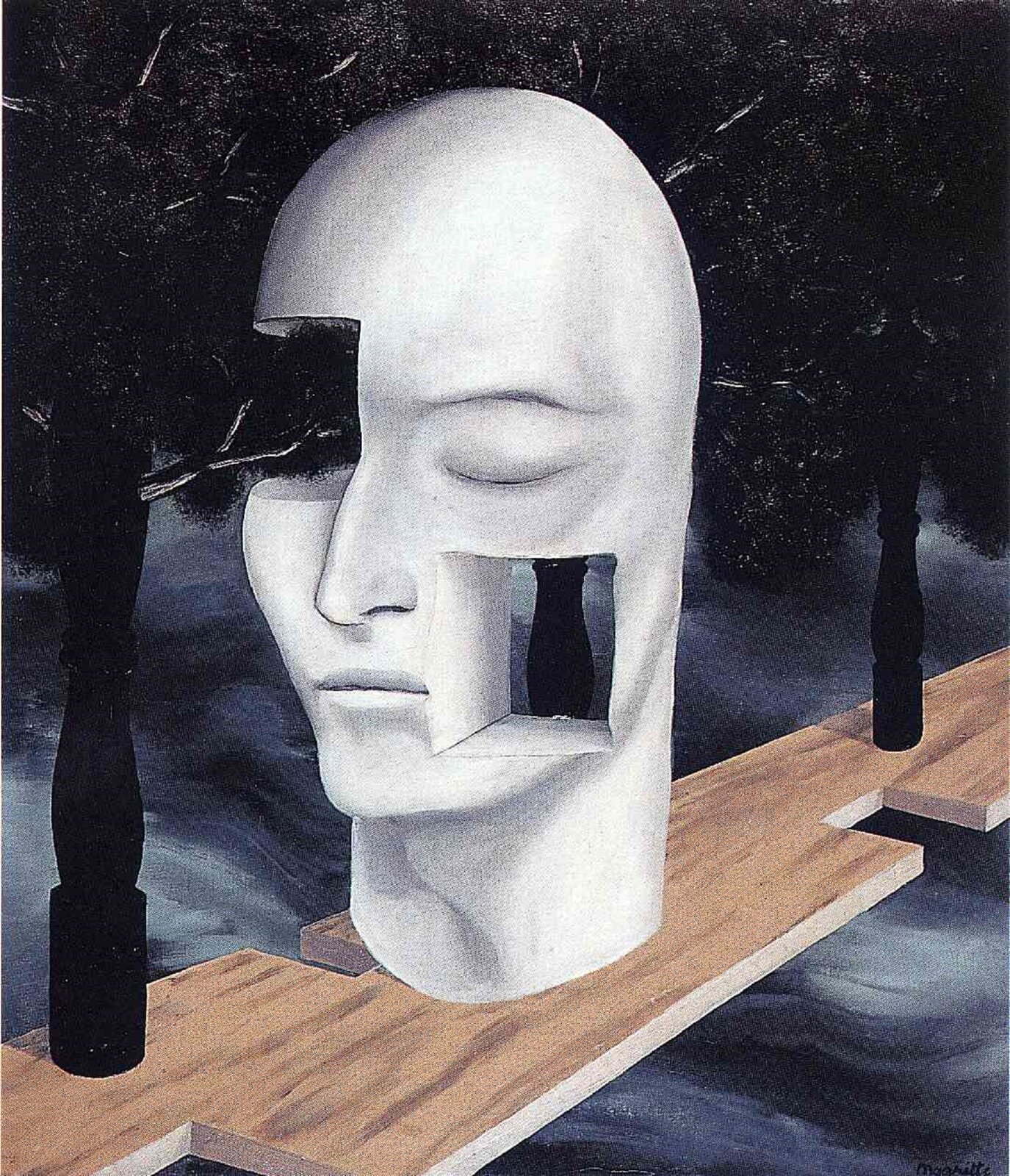 Obraz: Rene Magritte, „Twarz geniusza”. Dzieło przedstawia białą twarz z wyciętymi fragmentami twarzy: prawe oko i część lewego policzka.