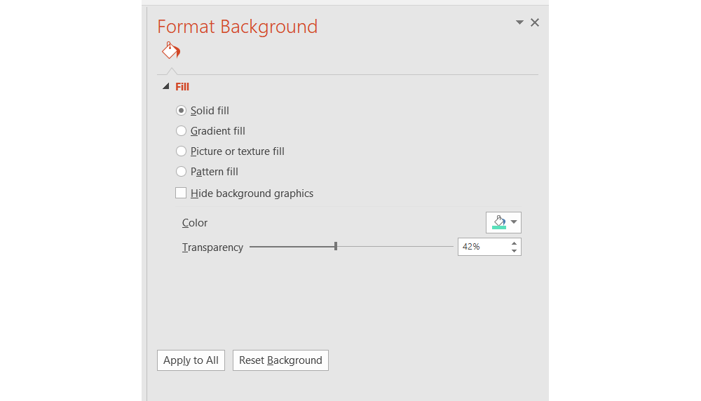 Zrzut z ekranu przedstawia formatkę zatytułowaną Format  Background. Z prawej strony pod tytułem widoczna jest ikonografika przedstawiająca wiadro z farbą. Poniżej napis: Fill. Niżej ułożone jeden pod drugim radiobutony: Solid fil, Gradient fil, Picture or texture fill, Pattern fill. Jako ostatni umieszczony jest checkbox: Hide background graphics. Niżej z lewej strony napis Color, po przeciwnej stronie lista rozwijana menu oznaczona wiadrem z farbą. Niżej suwak Transparency, po prawej stronie okna tekstowe z wpisaną wartością 42%.