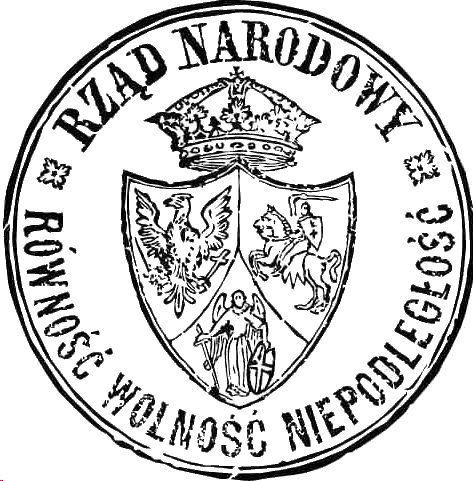 Ilustracja przedstawia pieczęć z napisem na obwodzie: RZĄD NARODOWY, RÓWNOŚĆ, WOLNOŚĆ, NIEPODLEGŁOŚĆ. Na środku pieczęci jest herb z ozdobną koroną. Herb jest podzielony na trzy części. W górnej części herbu po lewej stronie jest orzeł z wbitym mieczem w lewej nodze. Po prawej stronie herbu w górnej części jest rycerz z mieczem i tarczą. Siedzi na koniu. Na dole herbu jest człowiek ze skrzydłami. W prawej ręce trzyma miecz, a w lewej tarczę.