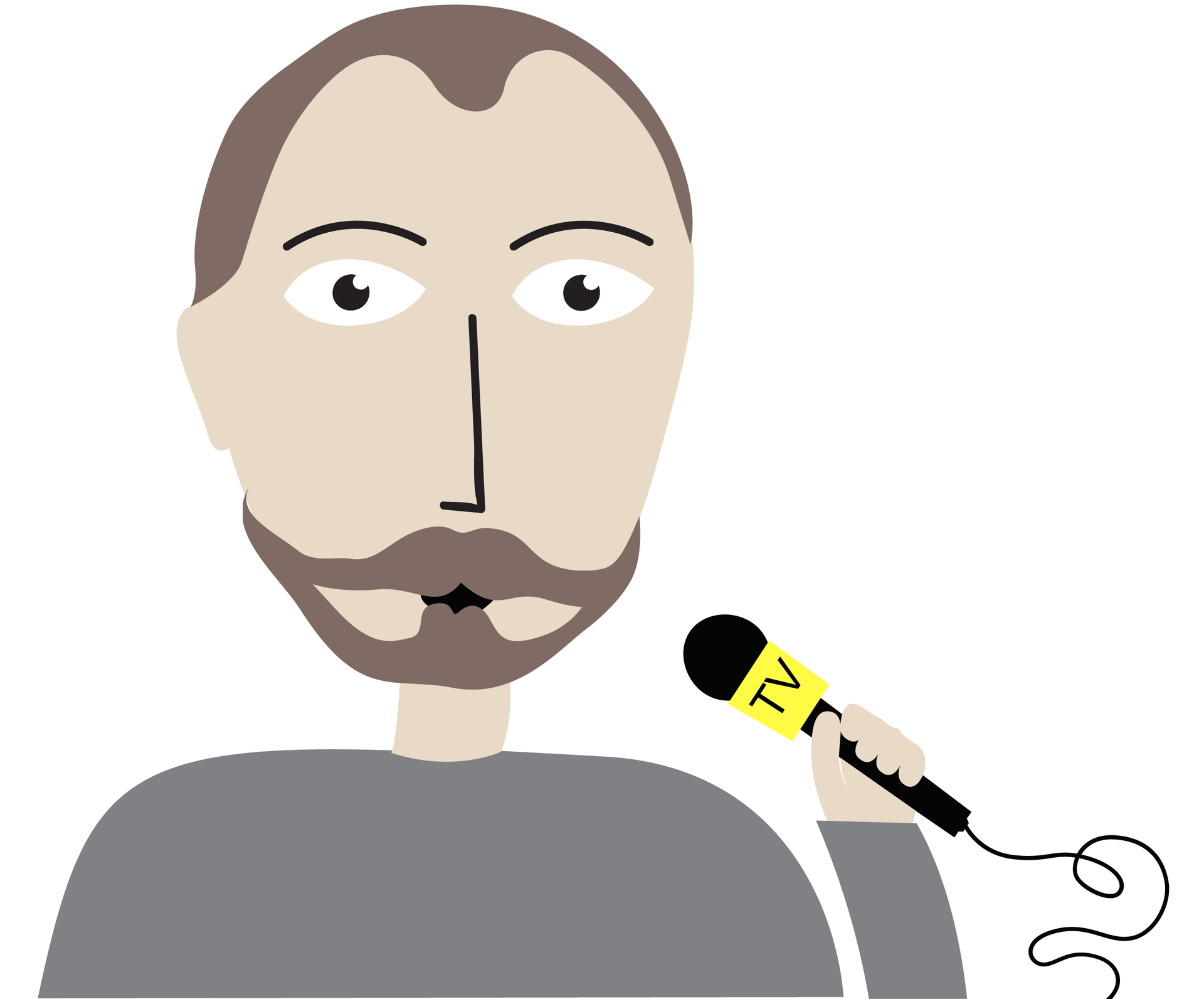 Kliknij, aby powiększyć Ilustracja przedstawia głowę mężczyzny z brodą i dużymi oczami. Postać trzyma w lewej ręce mikrofon z napisem "TV". Od mikrofonu odchodzi czarny kabel. Tło jest białe.