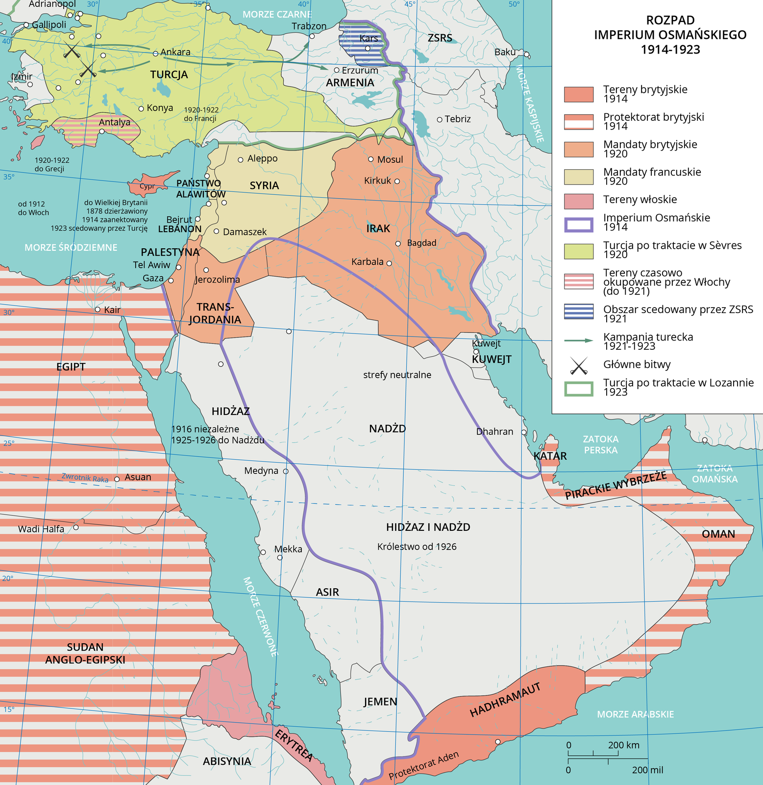 Ilustracja przedstawia rozpad Imperium Osmańskiego w 1914- 1923 roku. Tereny brytyjskie z 1914 znajdowały się na terenie obecnego Jemenu. Protektorat brytyjski 1914 rok północno – wschodnia cześć Afryki i wschodnia część Arabii Saudyjskiej, Oman i Pirackie Wybrzeże z miastem Katar. Miejsce nadania mandatów brytyjskich w 1920 roku na terenie obecnego Iraku i Jordanii. Mandaty francuskie w 1920 rok teren Syrii. Miejsce terenów Włoskich to Erytrea po wschodniej stronie Afryki. Turcja po traktacie w Sevres w 1920 roku zajmowała aktualny teren za wyjątkiem północno- wschodnie części kraju. Obszar scedowany przez ZSRS 1921 rok to obszar między Turcją i Armenią. Tereny czasowo okupowane przez Włochy do 1921 roku, to wybrzeże południa Turcji. Kampania turecka 1921- 1923 z centralnej części od miasta Ankara na zachodnie i po wschodnie krańce Turcji. Główne bitwy: Bursa i Kutahya. Imperium Osmańskie 1914 rok w linii pionowej oddziela granicę Turcji i północno- zachodniego Iranu oraz w Arabii saudyjskiej granica przebiegała w kształcie półokręgu od wschodniej strony po północ i południe. Turcja po traktacie w Lozannie 1923 roku zajmowała większy obszar niż dzisiaj bo aż po Armenię.