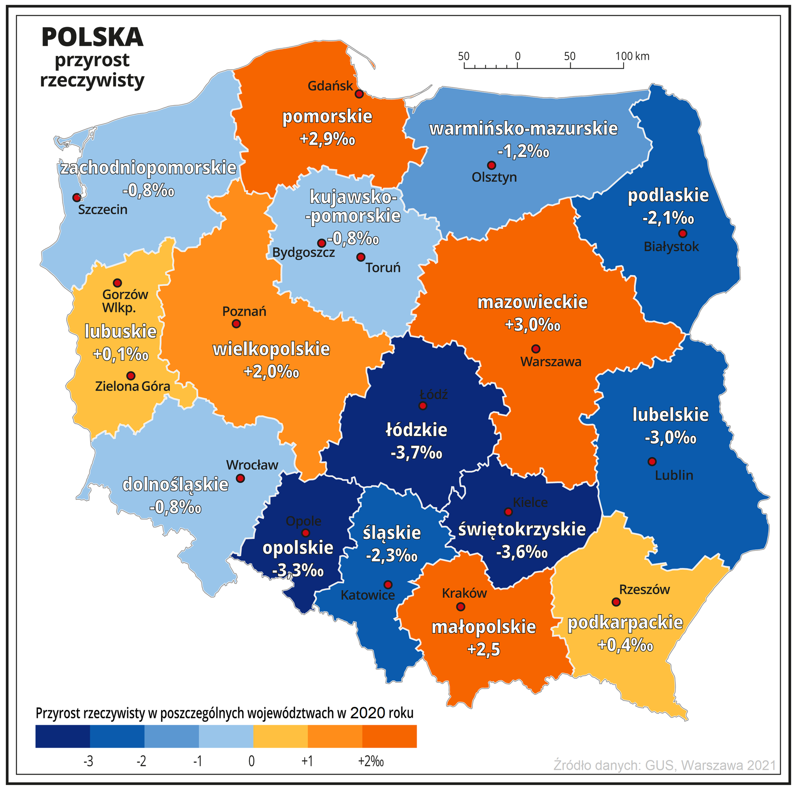 Na mapie kolorami zaznaczono przyrost rzeczywisty w Polsce. Mapę podzielone na województwa. Kolory czerwone, pomarańczowe przyrost dodatni, odcienie niebieskiego przyrost ujemny. Wartości przyrostu rzeczywistego w promilach dla poszczególnych województw: dolnośląskie minus 0,80‰; kujawsko‑pomorskie minus 0,80‰; lubelskie minus 3,00‰; lubuskie 0,10‰; łódzkie minus 3,70‰; małopolskie 2,50‰; mazowieckie 3,00‰; opolskie minus 3,30‰; podkarpackie 0,40‰; podlaskie minus 2,10‰; pomorskie 2,90‰; śląskie minus 2,30‰; świętokrzyskie minus 3,60‰; warmińsko‑mazurskie minus 1,20‰; wielkopolskie 2,00‰; zachodniopomorskie minus 0,80‰.