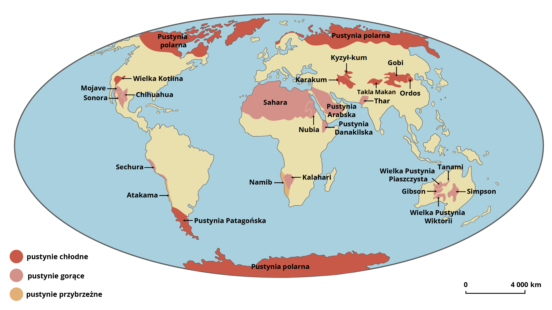 Mapa świata przedstawia zasięg obszarów pustynnych. Kontynenty oznaczone są kolorem żółtym, morza i oceany kolorem niebieskim. Pod mapą znajduje się legenda. Kolorem czerwonym oznaczone są pustynie chłodne: Pustynia polarna na północy Ameryki Północnej i na północy Azji, Wielka Kotlina w środkowo‑wschodniej części Ameryki Północnej, Pustynia Patagońska położona w południowej części Ameryki Południowej, Pustynia polarna umiejscowiona na Antarktydzie, oraz pustynie Karakum, Kyzyl‑kum, Takla Makan, Gobi i Ordos położone w środkowej Azji. Kolorem różowym oznaczone są pustynie gorące: Sonora, Mojave i Chihuahua w południowej części Ameryki Północnej, Sechura położona na zachodnim wybrzeżu Ameryki Południowej, Sahara, Nubia i Pustynia Danakilska umiejscowiona w południowej części Afryki i Kalahari położona na południu kontynentu afrykańskiego, Pustynia Arabska położona na Półwyspie Arabskim, Thar w południowej części Azji oraz Wielka Pustynia Piaszczysta, Wielka Pustynia Wiktorii, Pustynia Gibson, Tanami i Simpson położone w centralnej części Australii. Kolor pomarańczowy oznacza pustynie przybrzeżne – położoną na zachodnim wybrzeżu Ameryki Południowej pustynię Atakama oraz na zachodnim wybrzeżu Afryki pustynię Namib.