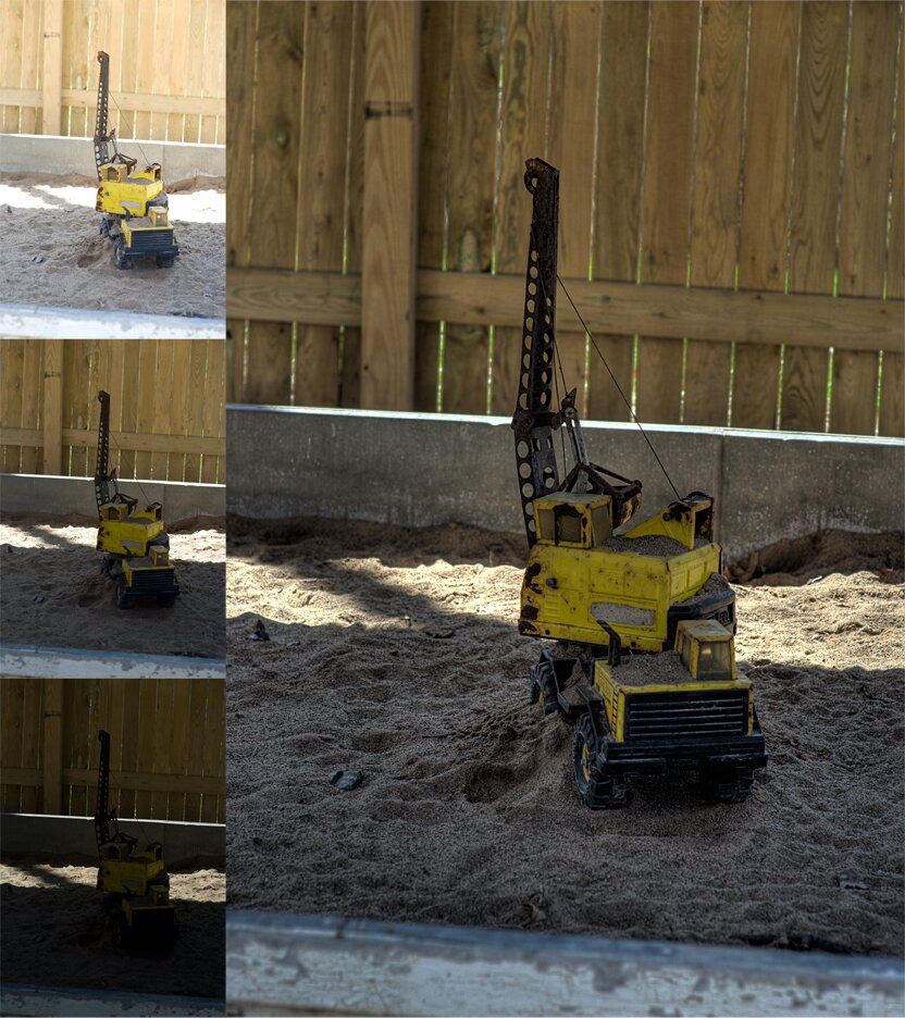 Zdjęcie przedstawia cyfrowy obraz HDR (po prawej), złożony z trzech zdjęć (po lewej). Widoczny jest ten sam obraz przedstawiający małą żółtą koparkę w piaskownicy. Po prawej stronie widoczne jest zdjęcie HDR, zaś po lewej trzy małe zdjęcia z różnymi rodzajami światła i barw, od najjaśniejszej u góry do bardzo ciemnej u dołu.