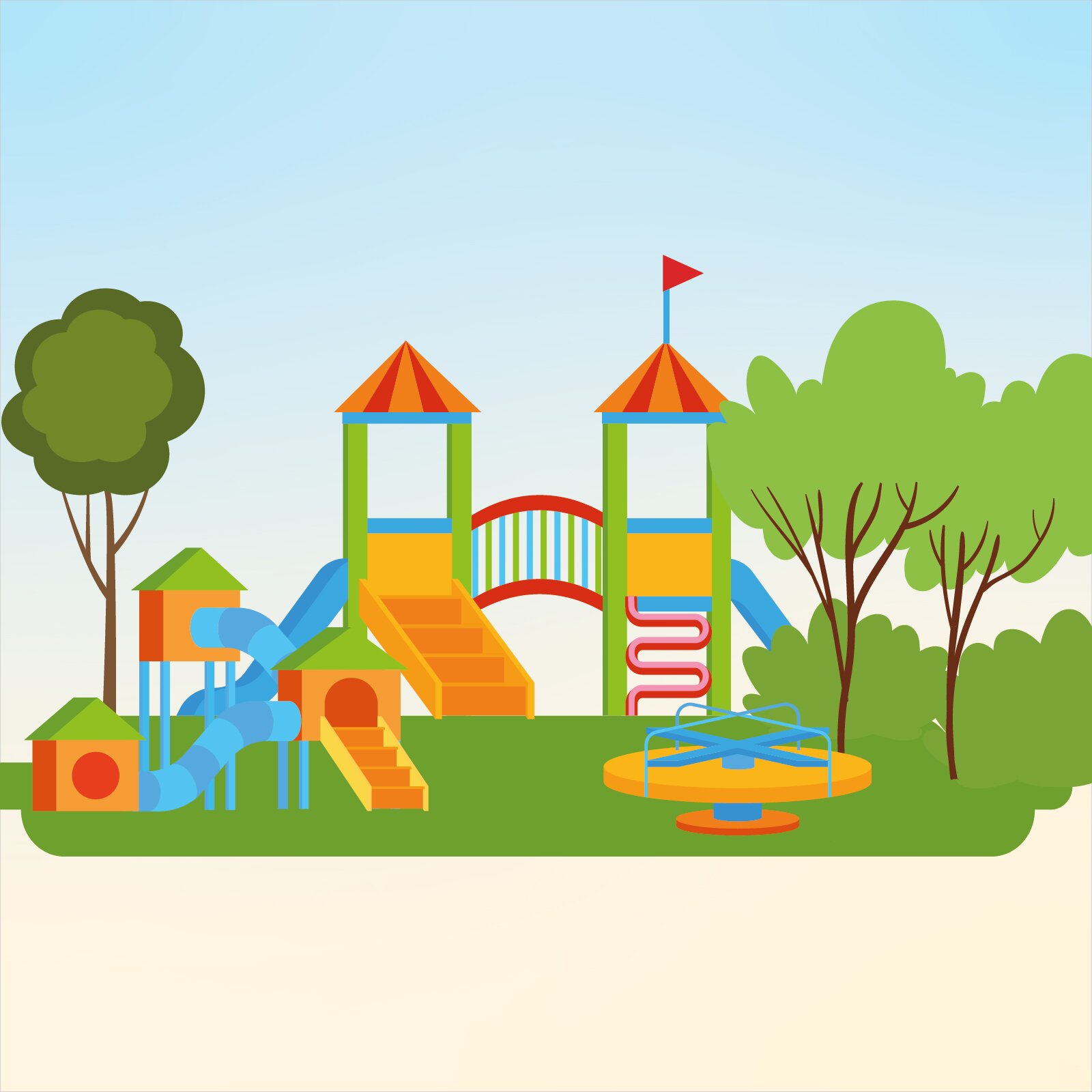 Ilustracja przedstawia kolorowy plac zabaw. Wokół placu zabaw rozciągają się drzewa i krzaki. Przy dwóch chudych drzewkach widoczna jest karuzela. Plac zabaw składa się również z dwóch wieżyczek połączonych mostem. Na dachu jednej z nich znajduje się czerwona chorągiewka. Od drugiej wieżyczki odchodzi zjeżdżalnia. Obok zjeżdżalni widoczne są trzy budki połączone tubami. Do wieżyczek dochodzą schodki.