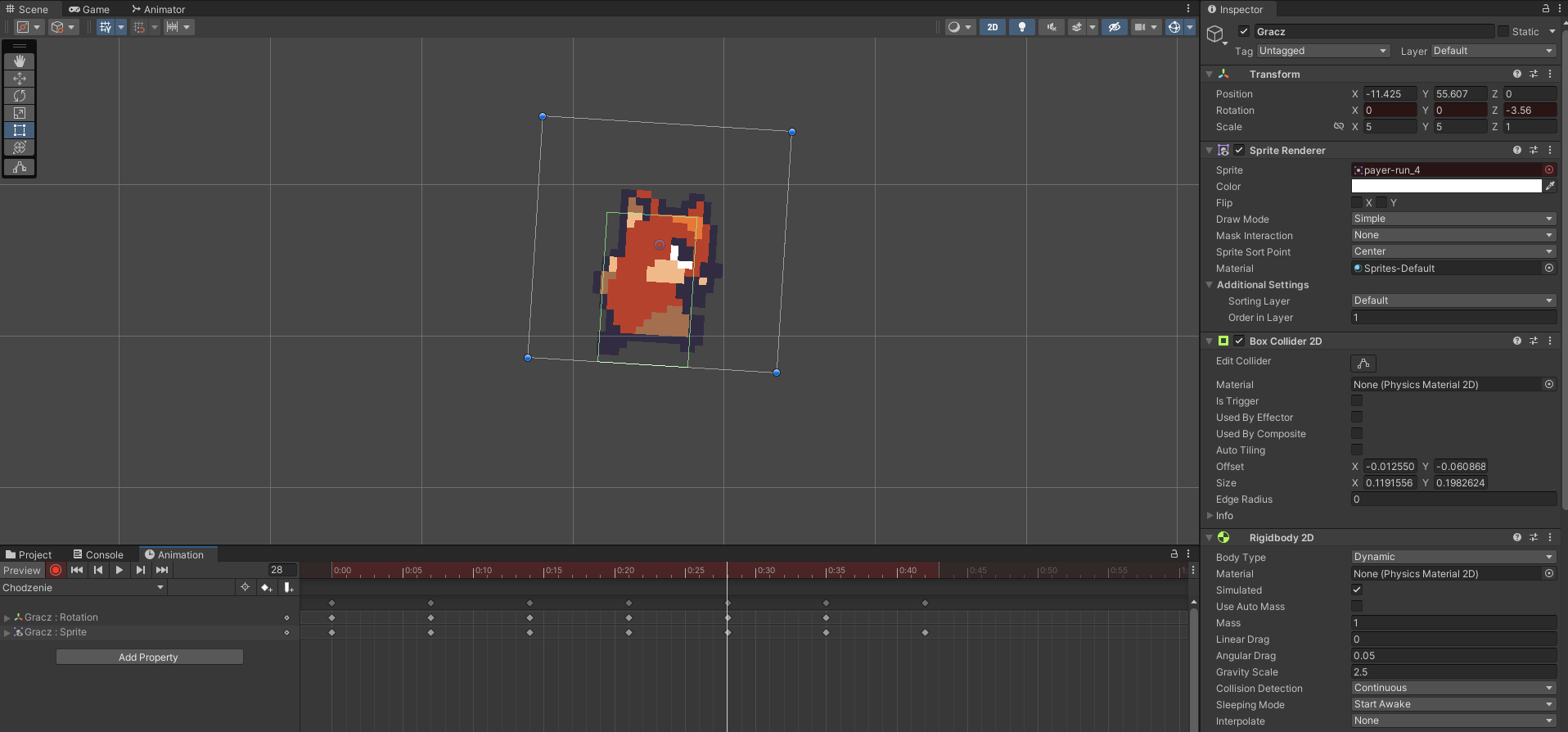 Zrzut ekranu przedstawia grafikę lisa w programie Unity. Lis jest zwrócony w prawą stronę. Wokół centralnej części programu są różne opcje, ikonki, przyciski do edytowania lisa.