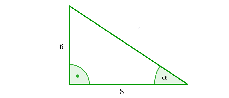 Ilustracja przedstawia trójkąt prostokątny o pionowej przyprostokątnej o długości 6 i poziomej przyprostokątnej o długości osiem. Między tymi bokami oznaczono kąt prosty. Między bokiem o długości 8 a przeciwprostokątną oznaczono kąt wewnętrzny alfa.