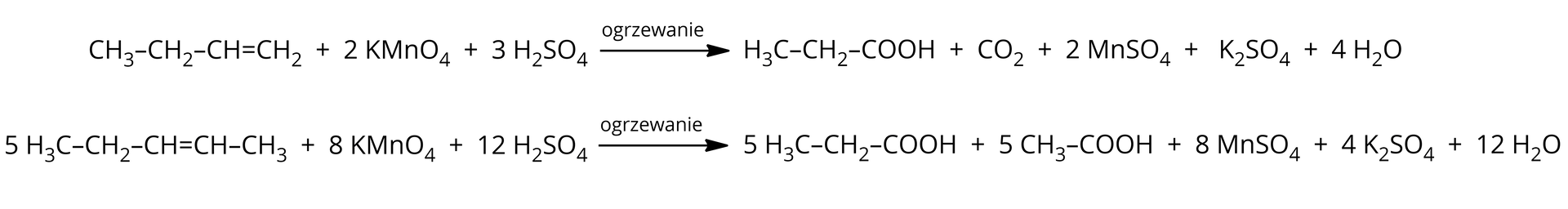 Ilustracja przedstawiająca dwa równania reakcji chemicznych z udziałem odpowiedniego alkenu, manganianu(<math aria‑label="siedem">VII) potasu w środowisku kwasowym w warunkach ogrzewania. Pierwsze równanie. Cząsteczka but-1-enu zbudowanego z grupy CH2 połączonej za pomocą wiązania podwójnego z grupą CH, która to łączy się z grupą CH2 związaną z grupą CH3. Dodać dwie cząsteczki manganianu(<math aria‑label="siedem">VII) potasu KMnO4, dodać trzy cząsteczki kwasu siarkowego(<math aria‑label="sześć">VI) H2SO4. Strzałka w prawo, nad strzałką znajduje się zapis "ogrzewanie". Za strzałką znajduje się cząsteczka kwasu propanowego, który to zbudowany jest z grupy CH3 związanej z grupą CH2 połączoną z grupą karboksylową COOH. Dodać cząsteczkę tlenku węgla(<math aria‑label="cztery">IV) CO2. Dodać dwie cząsteczki siarcznu(<math aria‑label="sześć">VI) manganu(<math aria‑label="dwa">II) MnSO4, dodać cząsteczkę siarcznu(<math aria‑label="sześć">VI) potasu K2SO4 dodać cztery cząsteczki wody H2O. Drugie równanie. Pięć cząsteczek pent-2-enu zbudowanego z grupy CH3 związanej z grupą CH połączoną za pomocą wiązania podwójnego z kolejną grupą CH, która to łączy się z grupą CH2 związaną z grupą CH3. Dodać osiem cząsteczek manganianu(<math aria‑label="siedem">VII) potasu KMnO4, dodać dwanaście cząsteczek kwasu siarkowego(<math aria‑label="sześć">VI) H2SO4. Strzałka w prawo, nad strzałką znajduje się zapis "ogrzewanie". Za strzałką znajduje się pięć cząsteczek kwasu propanowego, który to zbudowany jest z grupy CH3 związanej z grupą CH2 połączoną z grupą karboksylową COOH. Dodać pięć cząsteczek kwasu etanowego zbudowanego z grupy metylowej połączonej z grupą karboksylową. Dodać osiem cząsteczek siarcznu(<math aria‑label="sześć">VI) manganu(<math aria‑label="dwa">II) MnSO4, dodać cztery cząsteczki siarcznu(<math aria‑label="sześć">VI) potasu K2SO4, dodać dwanaście cząsteczek wody H2O.