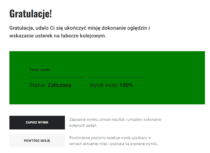 Widok podsumowania misji