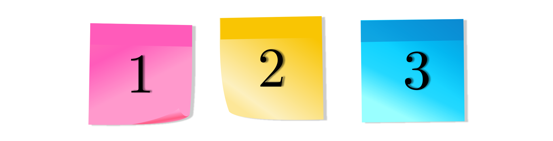 Na grafice znajdują się trzy kolorowe karteczki. Pierwsza jest różowa i znajduje się na niej cyfra jeden. Druga jest żółta i znajduje się na niej cyfra dwa. Trzecia jest niebieska i znajduje się na niej cyfra trzy.