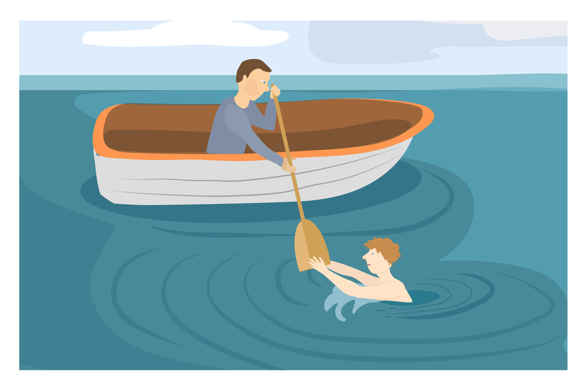 Ilustracja 4. Na wodzie dryfuje drewniana łódka. W łódce siedzi mężczyzna i podaje wiosło osobie tonącej. Koniec wiosła trzyma osoba tonąca. Instrukcja: jeśli możesz podpłyń łódką.