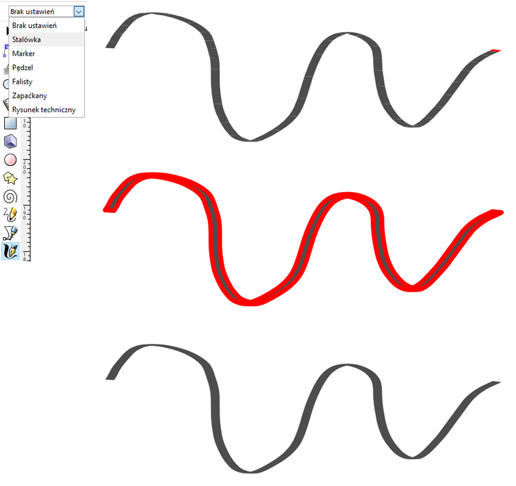 Ilustracja przedstawia fragment okna programu graficznego. W oknie roboczym widoczne są trzy krzywe namalowane przy użyciu funkcji stalówka. Pierwsza ma kolor czarny z czerwoną końcówką, widoczne są na niej wydzielone segmenty. Druga z nich ma kolor czarny z grubym czerwonym konturem. Ostatnia z nich ma kolor szary. W lewym górnym rogu wyświetla się okno z opcjami: brak ustawień, stalówka, marker, pędzel falisty, zapaćkany, rysunek techniczny.