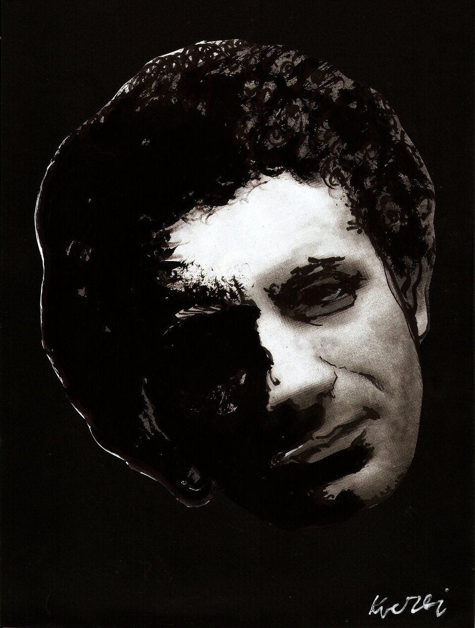 Ilustracja przedstawia portret mężczyzny. Jego twarz jest okrągła. Jego włosy są ciemne i bujne. Jego głowa jest lekko pochylona na prawą stronę. Jego oczy są ciemne.