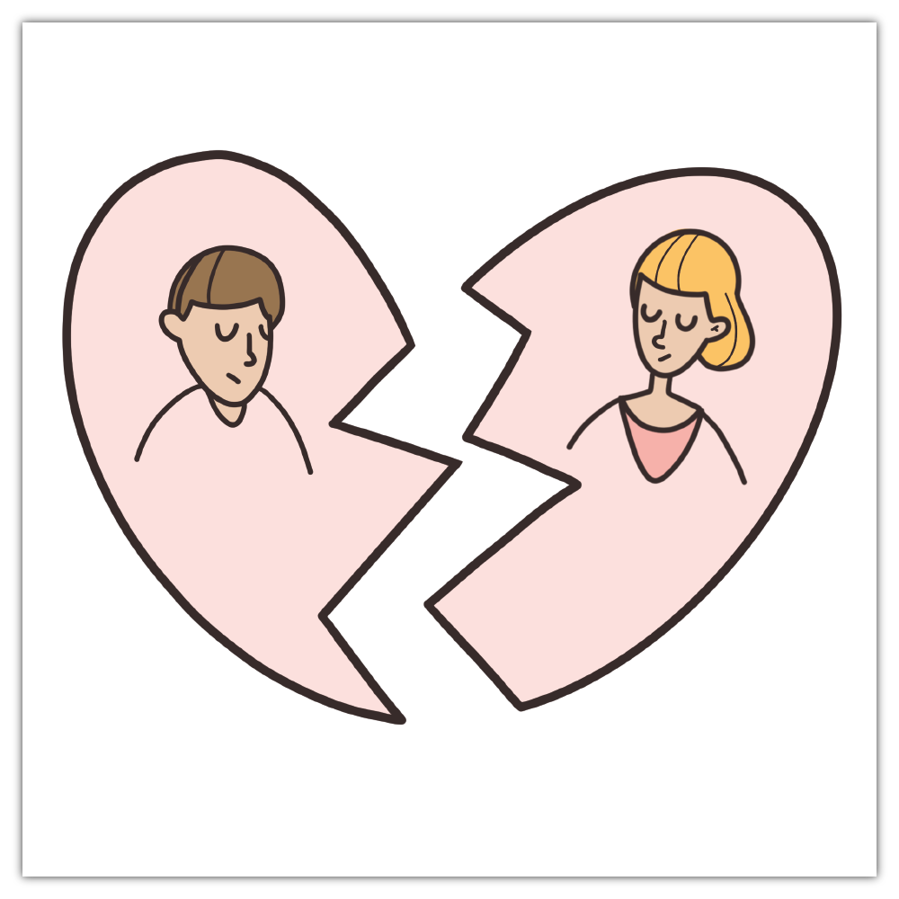 Na ilustracji widoczne serce złamane na pół. Na jednej połówce smutna kobieta, na drugiej smutny mężczyzna.