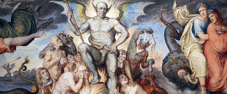 Obraz przedstawia skrzydlatą postać diabła otoczonego nagimi ludźmi i innymi diabłami. Diabeł jest łysy i nagi, uszy ma duże, spiczaste. Jego biodra i przyrodzenie osłania wijący się wąż. Po prawej stronie obrazu znajduje się dwóch młodych mężczyzn w togach, którzy przyglądają się tej grupie.