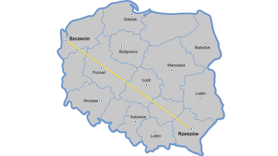 Ilustracja przedstawia mapę Polski. Zaznaczona została odległość w linii prostej pomiędzy Szczecinem a Rzeszowem.