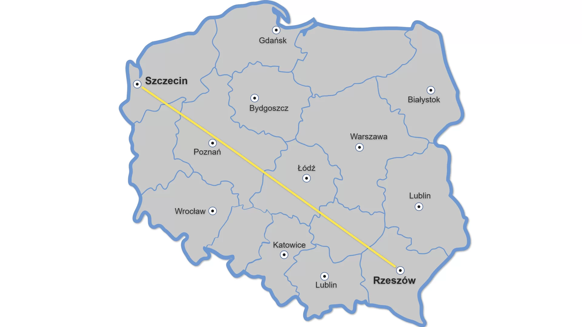 Ilustracja przedstawia mapę Polski. Zaznaczona została odległość w linii prostej pomiędzy Szczecinem a Rzeszowem.