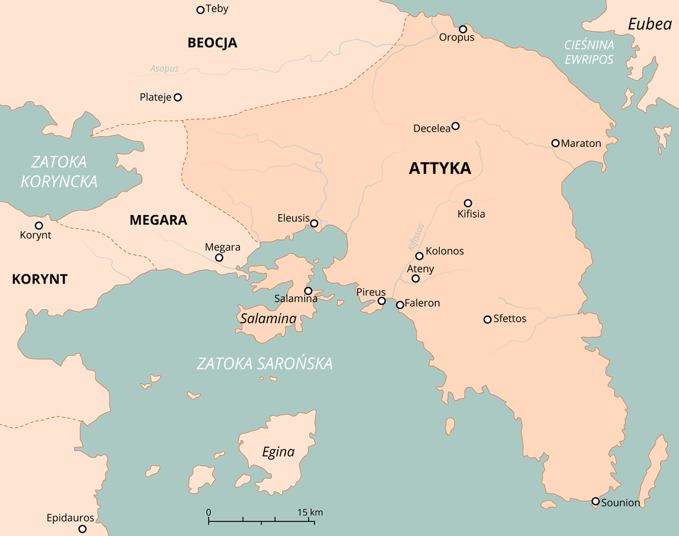 Mapa przedstawia Attykę, krainę historyczną we wschodniej starożytnej Grecji, graniczącą z Beocją oraz Megarą. Najważniejszymi miastami Atyi były: Oropus, Decelea, Maraton, Kilfisia, Kolonos, Ateny, Faleron, Stettos, Sounion, Pitreus, Salamina, Eleusis.