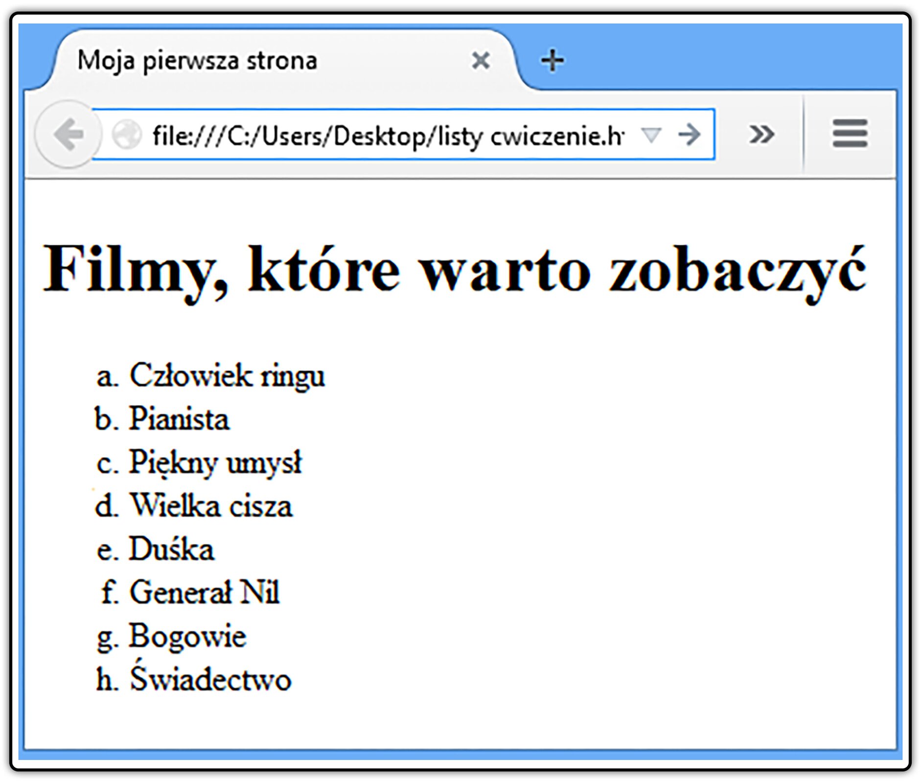 Zrzut widoku strony dokumentu HTML z listą wyliczeniową, w której elementy oznaczone są małymi literami