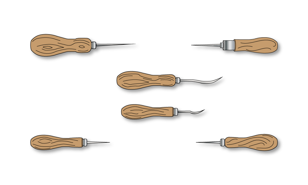 Grafika przedstawia szydła i szpikulce. Są to narzędzia o drewnianej rączce i długim ostro zakończonym metalowym końcu. Końce mogą być w różnoraki sposób wygięte.
