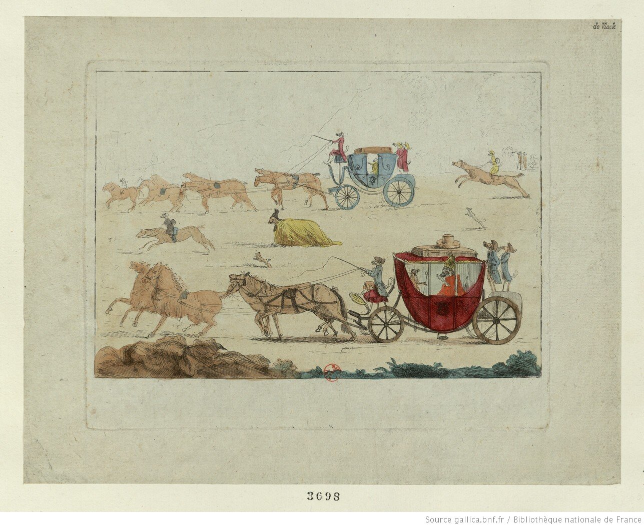Ilustracja przedstawia ciągnięte przez konie karety, załadowane na dachu skrzyniami. W karetach jadą zwierzęta w ludzkich ubraniach.