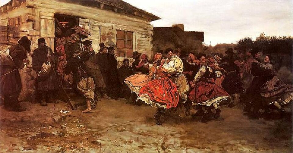 Obraz przedstawia tańce przed wiejską chałupą. Znajdują się tu pary chłopek i chłopów, w strojach ludowych tańczące oberka, a także muzykanci i gapie przyglądający się tańczącym.