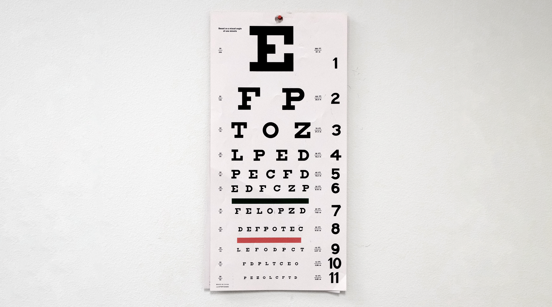 Na grafice przedstawiono tablicę testową wykorzystywaną przez optyka do badania wzroku pacjenta. W każdej z linijek ponumerowanych od jeden do jedenaście są losowe litery, które zmniejszają się wraz z postępem linijek. Pod linijką szóstą znajduje się niebieska pozioma kreska, a pod ósmą czerwona.
