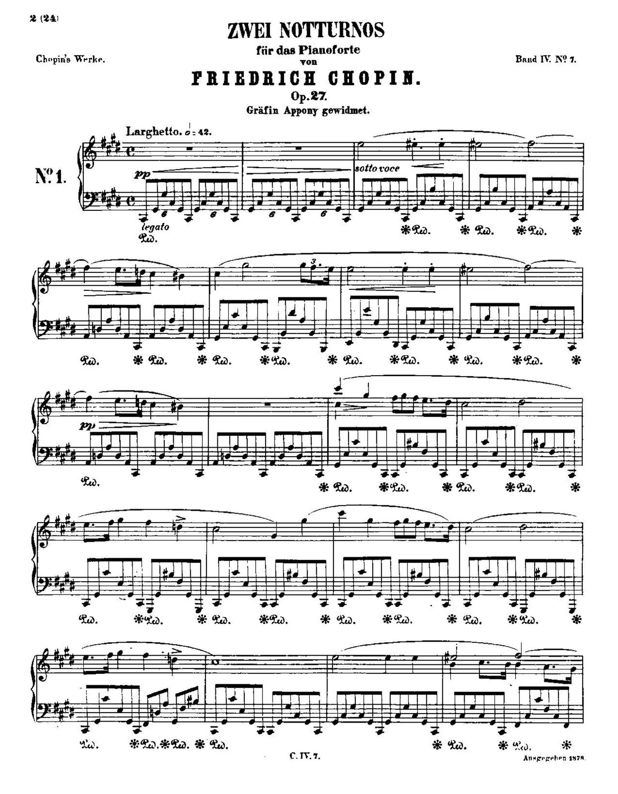 Ilustracja przedstawia zapis nutowy części utworu „Nokturn cis-moll” op. 27 Chopina. Nad nutami jest tytuł, imię oraz nazwisko autora.