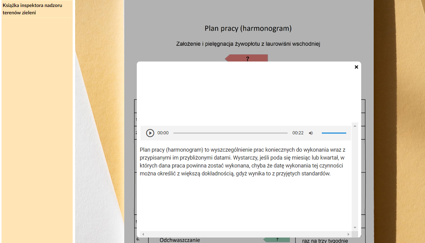 Zrzut ekranu przedstawia otwarte okienko w dokumentacji interaktywnej. Na białym polu znajduje się tekst uzupełniający oraz tożsame z nim nagranie audio (plik dźwiękowy).