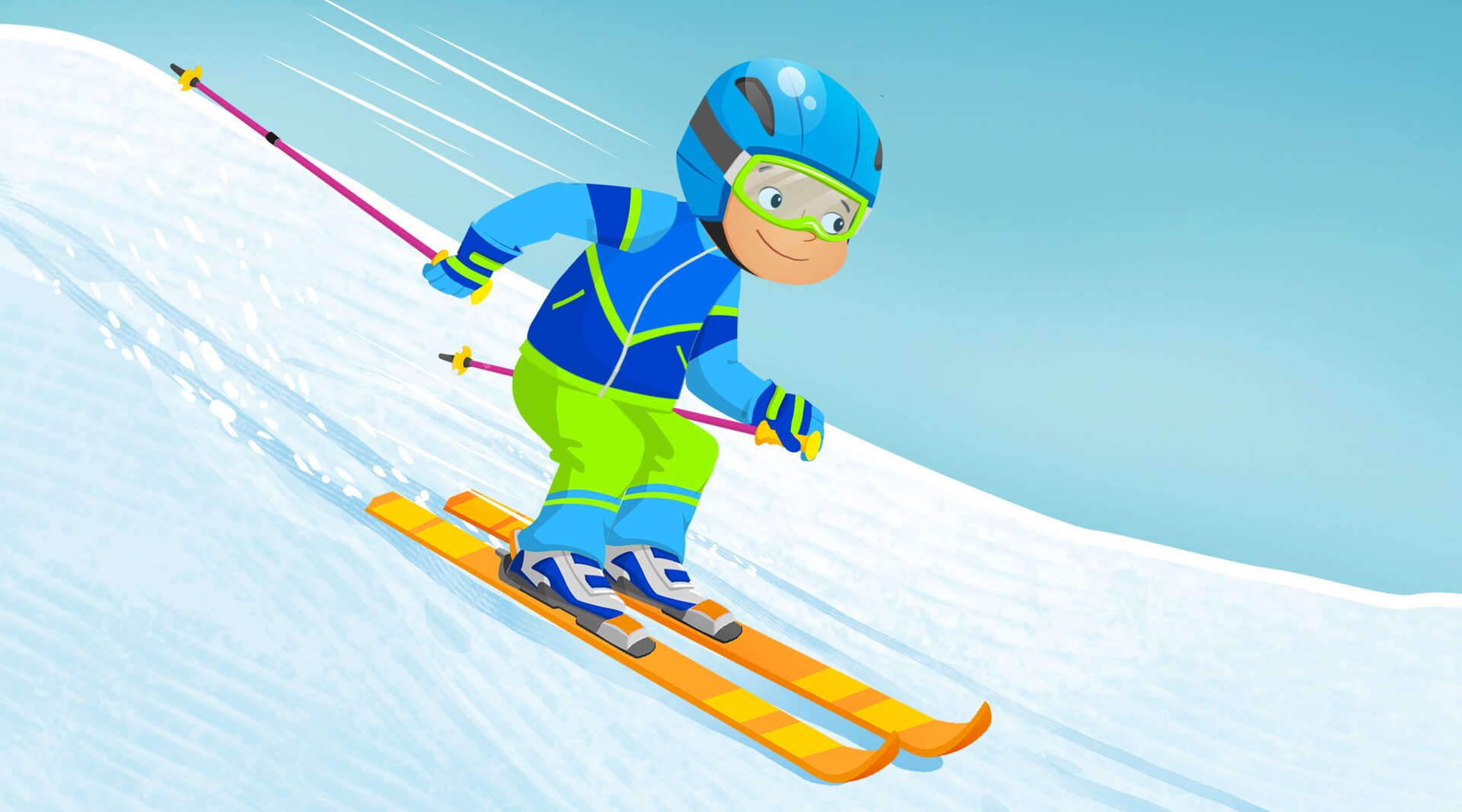 Na ilustracji znajduje się chłopiec jeżdżący na nartach.