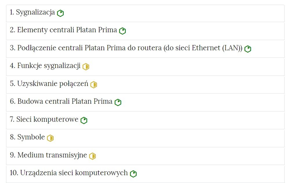 Grafika przedstawia przykładowy wygląd zakładek zawierających interaktywne materiały sprawdzające. Na zdjęciu widać dziesięć zakładek z umieszczonymi na nich tytułami. Przy każdej zakładce znajduje się żółty bądź zielony okrąg, oznaczający poziom trudności.
