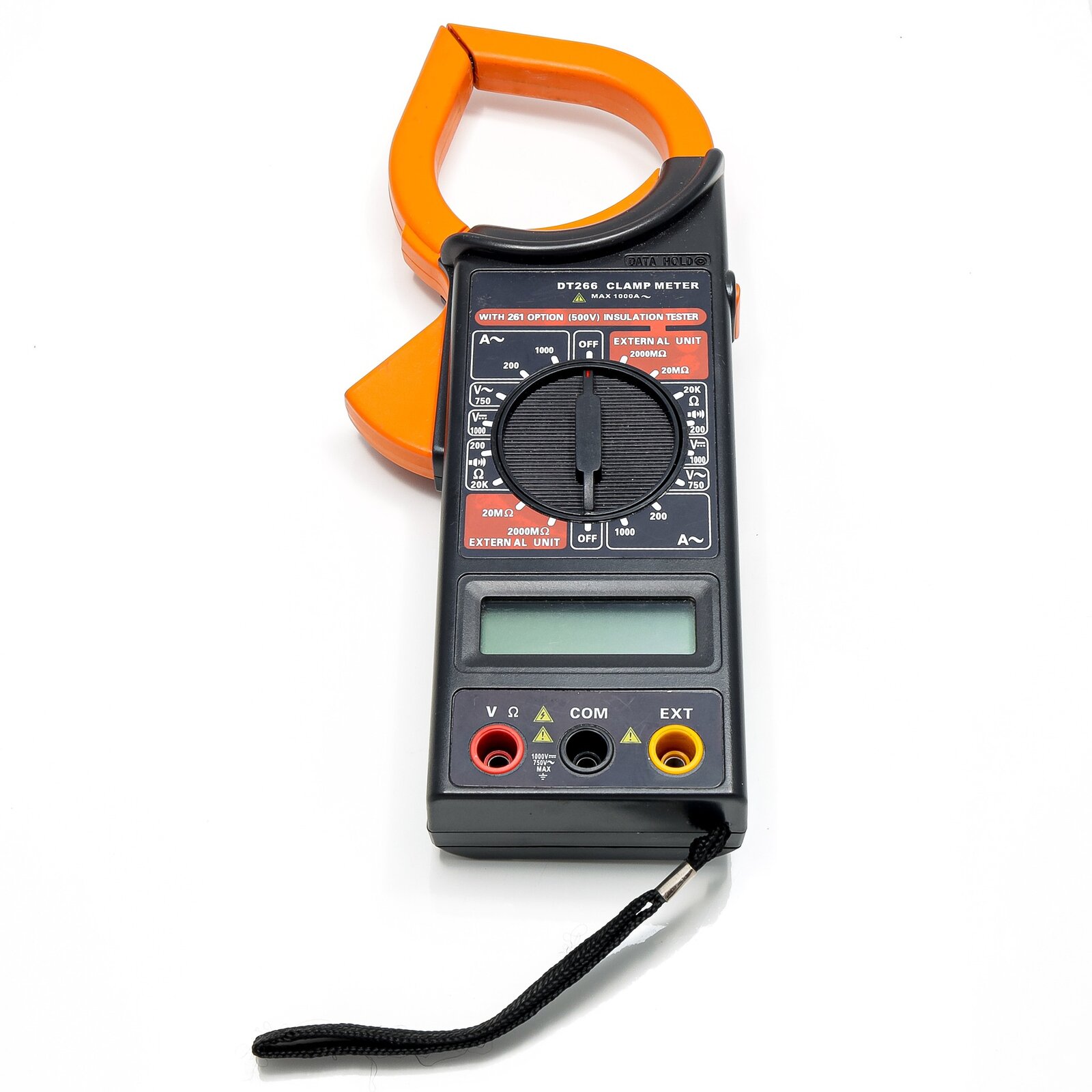 Na ekranie przedstawiony jest multimetr z cęgami, pokrętłem, uchwytem i miejscami na kable.