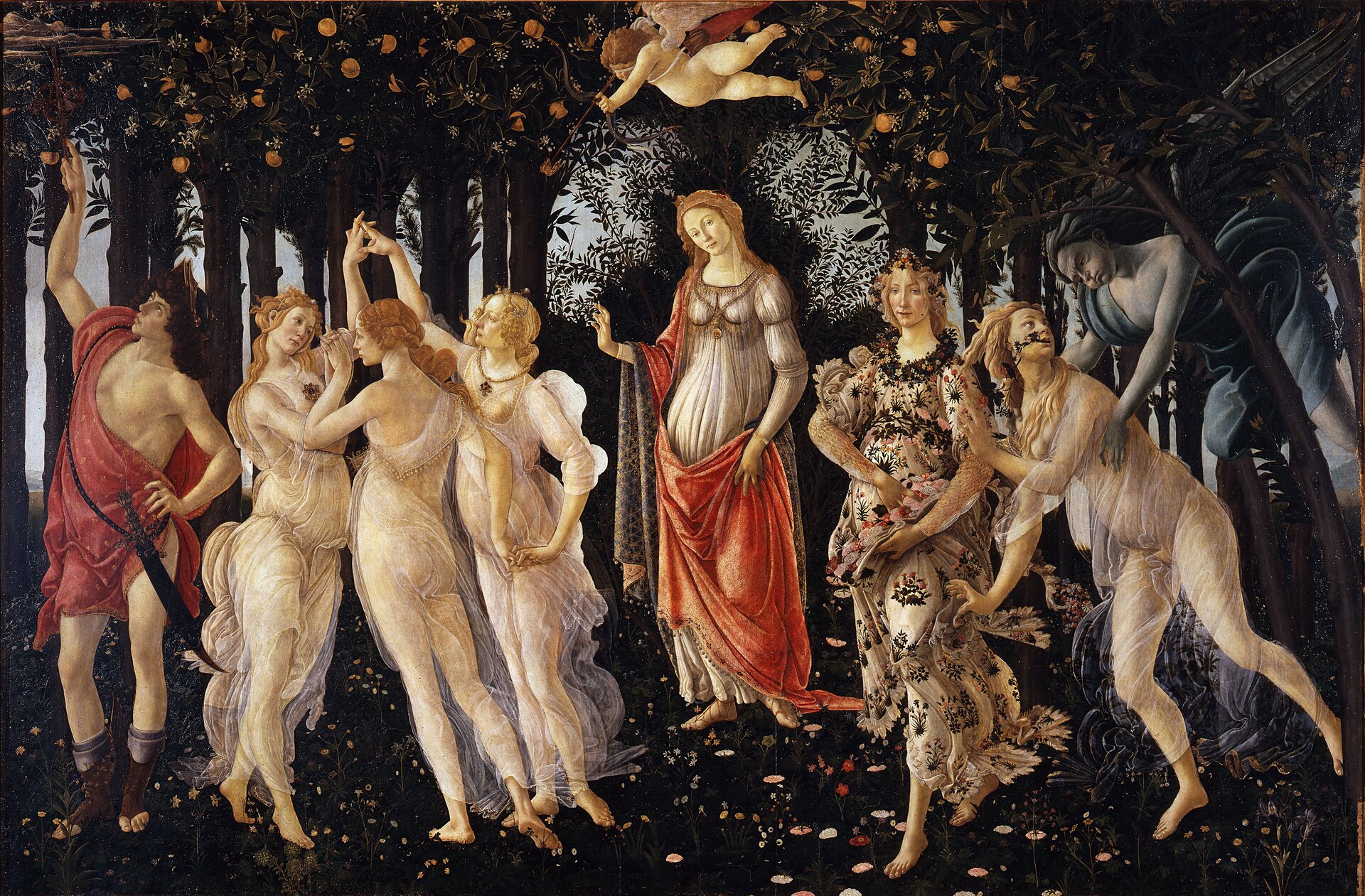 Ilustracja przedstawiająca obraz Sandro Botticelli „Primavera (Wiosna)”. Na obrazie znajduje się grupa kilku młodych osób. W większości są to kobiety, przyodziane jedynie w przezroczyste szaty. Na pierwszym planie znajduje się Wenus w długiej sukni. Unosi ku górze jedną dłoń. Nad postacią widnieje aniołek z łukiem. W tle za postaciami znajdują się liczne drzewa owocowe.