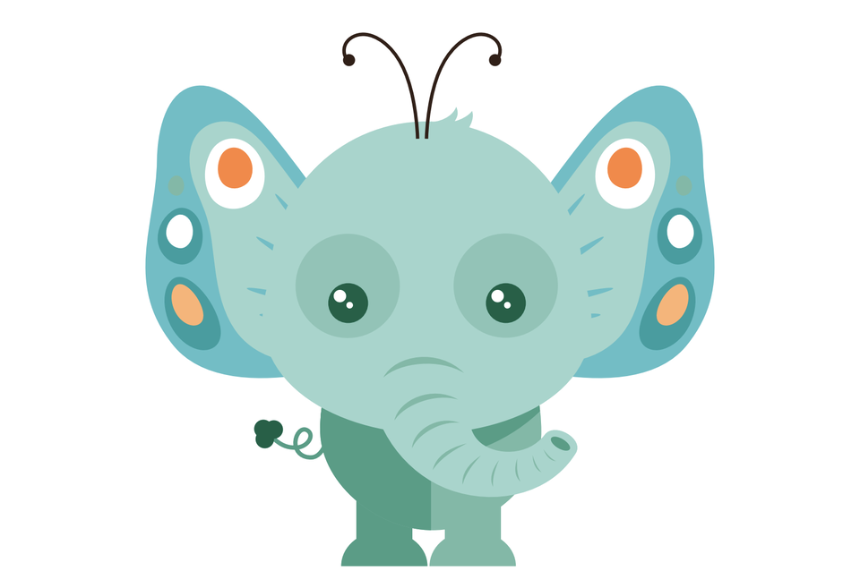 Na ilustracji znajduje się urocza, bajkowa postać łącząca wygląd słonia i motyla. Ma dużą, okrągłą głowę w jasnomiętowym kolorze, duże zielone oczy i długi, zakrzywiony trąbę. Po bokach głowy znajdują się bardzo duże, kolorowe skrzydła przypominające skrzydła motyla — turkusowe, ozdobione okręgami w odcieniach bieli, pomarańczu i zieleni. Nad głową wystają dwa cienkie czułki zakończone małymi kropkami. Postać wygląda sympatycznie i ma charakter kreskówkowy.