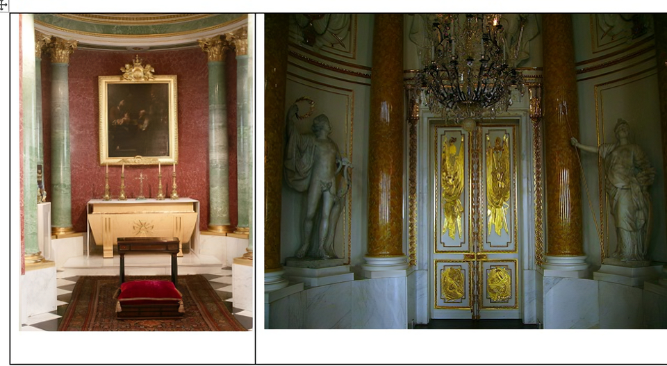 Dwa zdjęcia. Na zdjęciu po lewej kaplica zamkowa. Z lewej strony jest nisza kaplicy otoczona kolumnami. Centralnie ustawiony jest ołtarz z dwoma parami świeczników i krucyfiksem oraz wiszącym nad nim obrazem wotywnym. Przed ołtarzem ustawiony jest klęcznik dla króla. Zdjęcie po prawej przedstawia fragment Wielkiej Sali Asamblowej Zamku Królewskiego w Warszawie z najazdem na drzwi z rzeźbionymi złoconymi sztandarami. Po obu stronach drzwi znajdują się kolumny, a także ustawione w niszach rzeźby André Le Bruna ukazujące Apolla i Minerwę z ich atrybutami. Otacza je złota sztukateria. Powyżej również znajdują się złote sztukaterie, w środku ich znajdują się zdobienia.