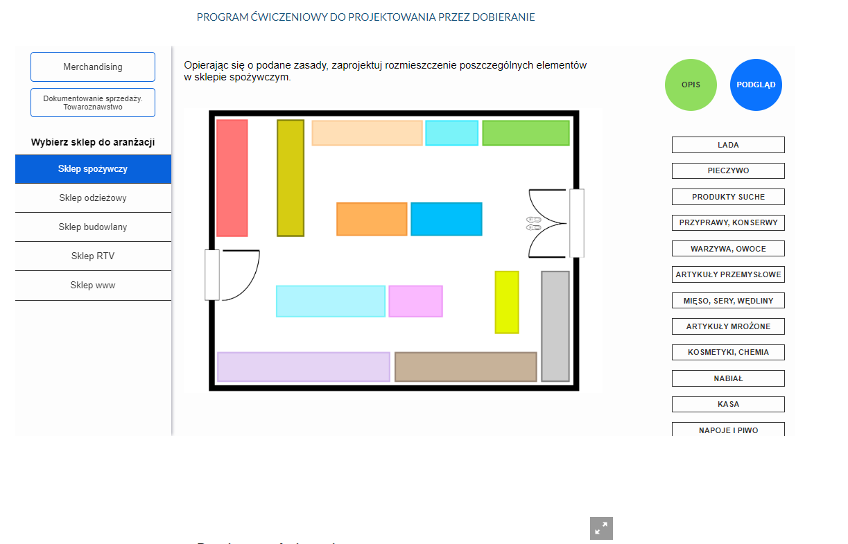 Grafika prezentująca ekran programu ćwiczeniowego do projektowania przez dobieranie. Na środku, na górze znajduje się polecenie: Opierając się o podane zasady, zaprojektuj rozmieszczenie poszczególnych elementów w sklepie spożywczym. Pod spodem znajduje się schemat sklepu, podzielony na kolorowe części, na które przeciąga się elementy z prawego bloku. Po prawej stronie od schematu znajdują się dwa kółka - na kółku zielonym napisane jest ,,OPIS'', na kółku niebieskim - ,,PODGLĄD''. Pod nimi umieszczone są elementy sklepu do przeciągania, jeden pod drugim: lada, pieczywo, produkty suche, przyprawy, konserwy, warzywa, owoce, artykuły przemysłowe, mięso, sery, wędliny, artykuły mrożone, kosmetyki, chemia, nabiał, kasa, napoje i piwo, wejście/wyjście, alkohol i papierosy, magazyn/zaplecze.
Po lewej stronie programu znajdują się zakładki ,,Merchandising'' oraz ,,Dokumentowanie sprzedaży. Towaroznawstwo''. Pod nimi umieszczone jest polecenie ,,Wybierz sklep do aranżacji'' oraz sklepy do wyboru: sklep spożywczy, sklep odzieżowy, sklep budowlany, sklep RTV, sklep www.