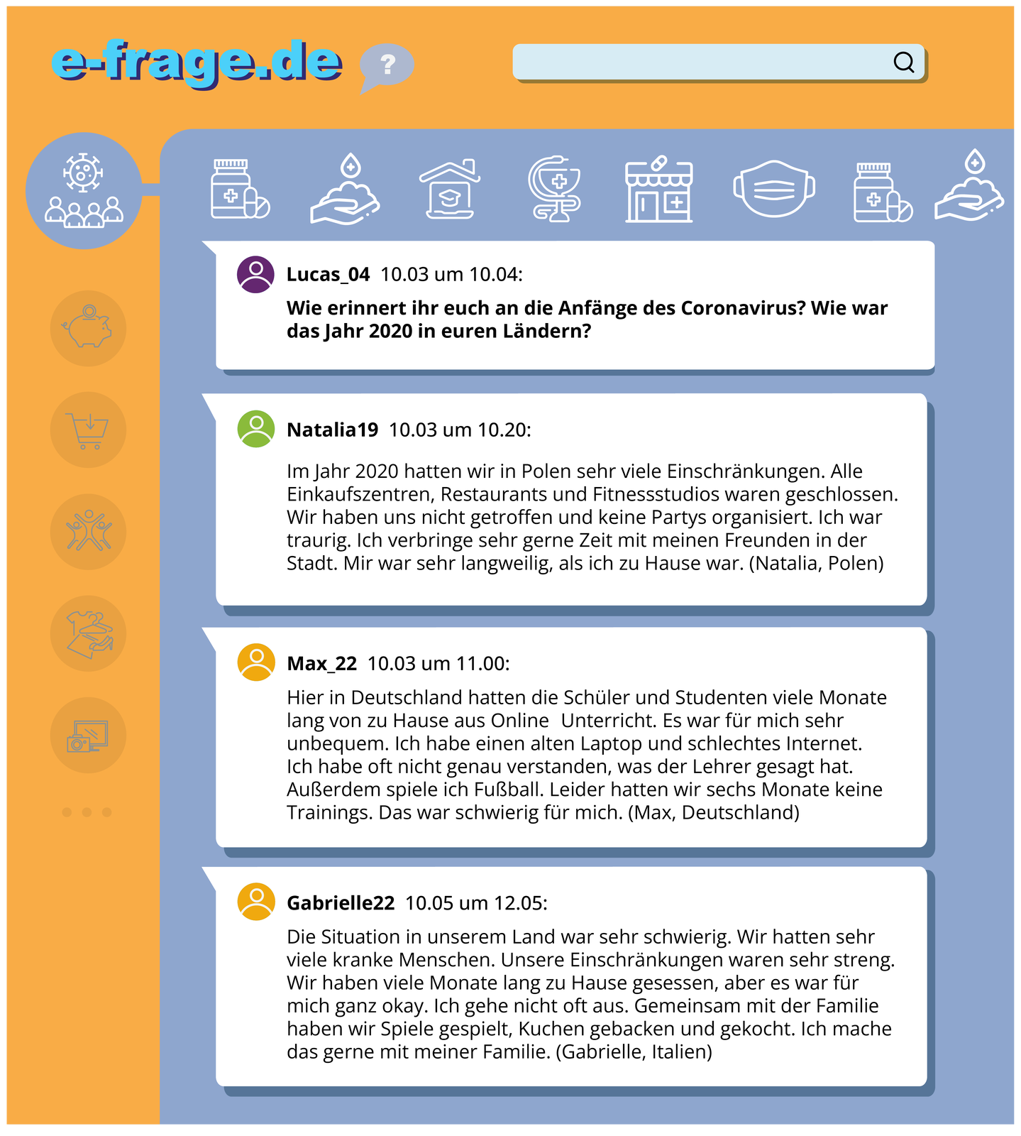 e‑frage.de.Ilustracja przedstawia wpisy na forum internetowym czterech użytkowników, korzystających z następujących pseudonimów: Lucas 04, Natalia 19, max 22, Gabrielle 22 Treść dostępna w transkrypcji znajdującej się poniżej.