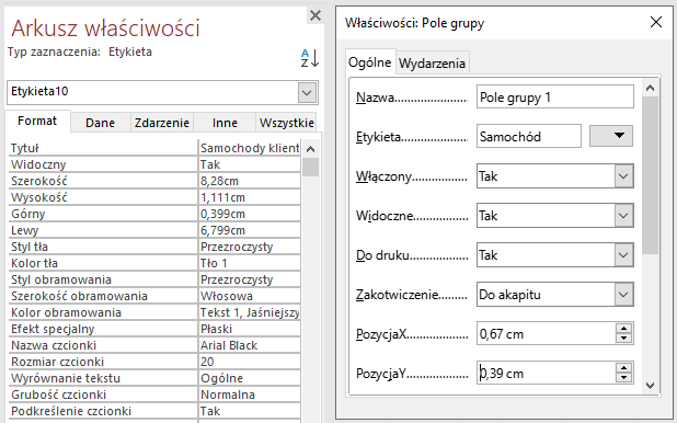 Zrzut ekranu przedstawia dwa okna dialogowe.  Pierwsze okno to Arkusz właściwości.  Poniżej znajduje się wpis: Typ zaznaczenia: Etykieta.  Następnie w polu wybrano: Etykieta10.  Poniżej podświetlona jest zakładka Format.  W zakładce tej znajdują się takie informacje jak: Tytuł, Widoczny, Szerokość, Wysokość, Górny, Lewy, Styl tła, Kolor tła, Styl obramowania, Szerokość obramowania, Kolor obramowania, Efekt specjalny, Nazwa czcionki, Rozmiar czcionki, Wyrównanie tekstu, Grubość czcionki, Podkreślenie czcionki.  W kolejnym oknie: Właściwości: Pole grupy podświetlona jest zakłada Ogólne.  Poniżej znajdują wypełnione pola: Nazwa: Pole grupy 1, Etykieta: Samochód, Włączony: Tak, Widoczne: Tak, Do druku: Tak, Zakotwiczenie: Do akapitu, PozycjaX: 0,67 cm, PozycjaY: 0,39cm.