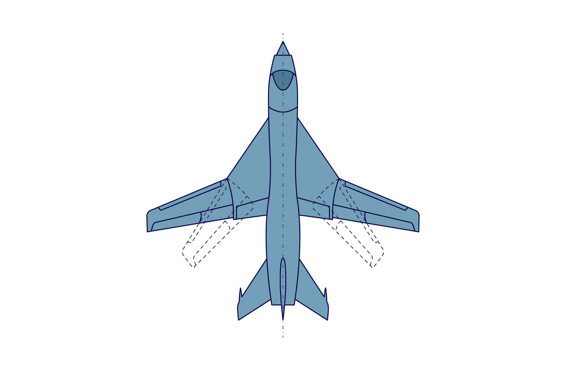 Ilustracja przedstawia samolot ze skrzydłami o zmiennej geometrii. Skrzydła oraz stateczniki poziome tego samolotu skierowane są skośnym bokiem w kierunku lotu. Skrzydła składają się z dwóch części. Stałej i ruchomej. Kąt pomiędzy ruchomą częścią skrzydła a jego nieruchomą częścią jest kątem rozwartym Przerywanymi liniami zaznaczone jest alternatywne ustawienie skrzydeł, w tym ustawieniu ruchoma cześć skrzydeł znajduje się w jednej linii z nieruchomą częścią skrzydeł. 