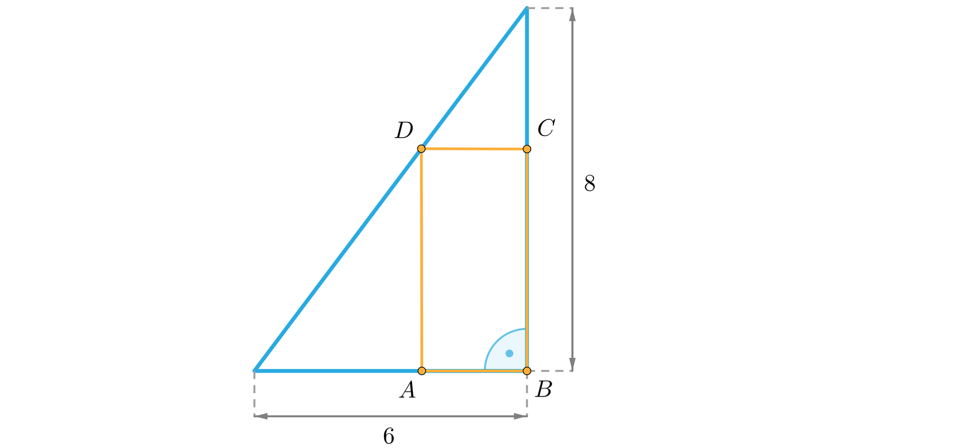 Ilustracja przedstawia trójkąt prostokątny z przyprostokątnymi o długości sześć oraz osiem. Wewnątrz trójkąta wpisano prostokąt A B C D w taki sposób, że wierzchołek B jest jednocześnie wierzchołkiem trójkąta przy kącie prostym, wierzchołek C znajduje się na dłuższej przyprostokątnej, wierzchołek D znajduje się na przeciwprostokątnej natomiast wierzchołek A znajduje się na krótszej przyprostokątnej. 