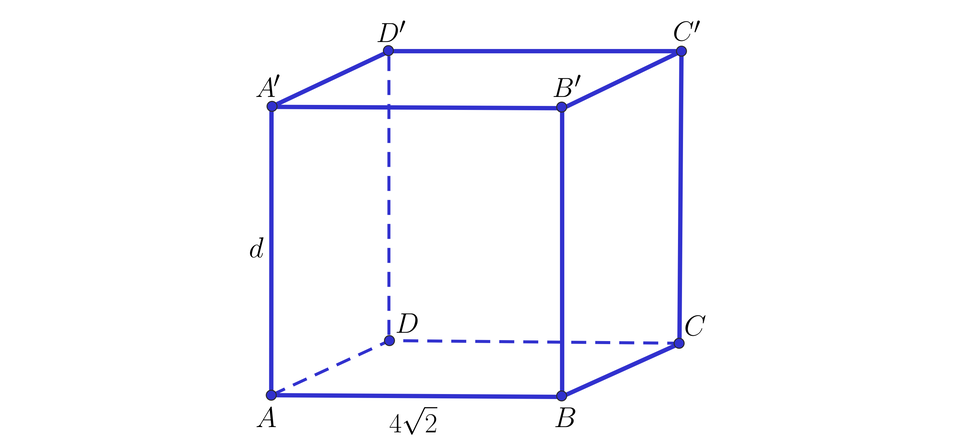 Grafika przedstawia prostopadłościan. Wierzchołki dolnej podstawy to: A, B, C, D, a wierzchołki górnej podstawy to A prim, B prim, C prim, D prim. Wysokość prostopadłościanu opisano literą d. Krawędź podstawy AB ma długość cztery pierwiastek kwadratowy z dwa koniec pierwiastka.
