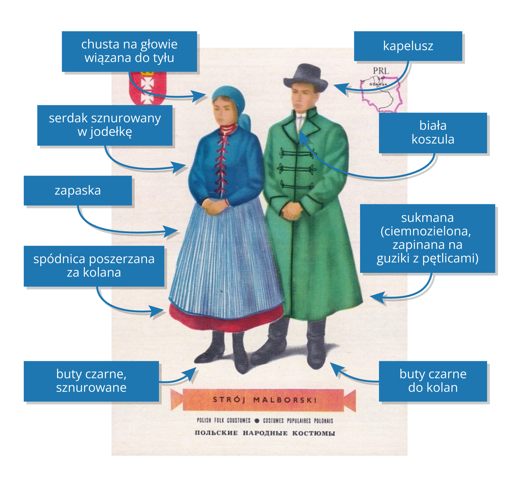 Ilustracja przedstawia kobietę i mężczyznę w stroju malborskim. Poszczególne części ich stroju są podpisane. Kobieta od dołu ma na sobie następujące części garderoby: buty czarne, sznurowane; spódnica poszerzana za kolana; zapaska; serdak sznurowany w jodełkę; chusta na głowie wiązana do tyłu. Mężczyzna od dołu ma na sobie następujące części garderoby: buty czarne do kolan; sukmana (ciemnozielona, zapinana na guziki z pętlicami); biała koszula; kapelusz.