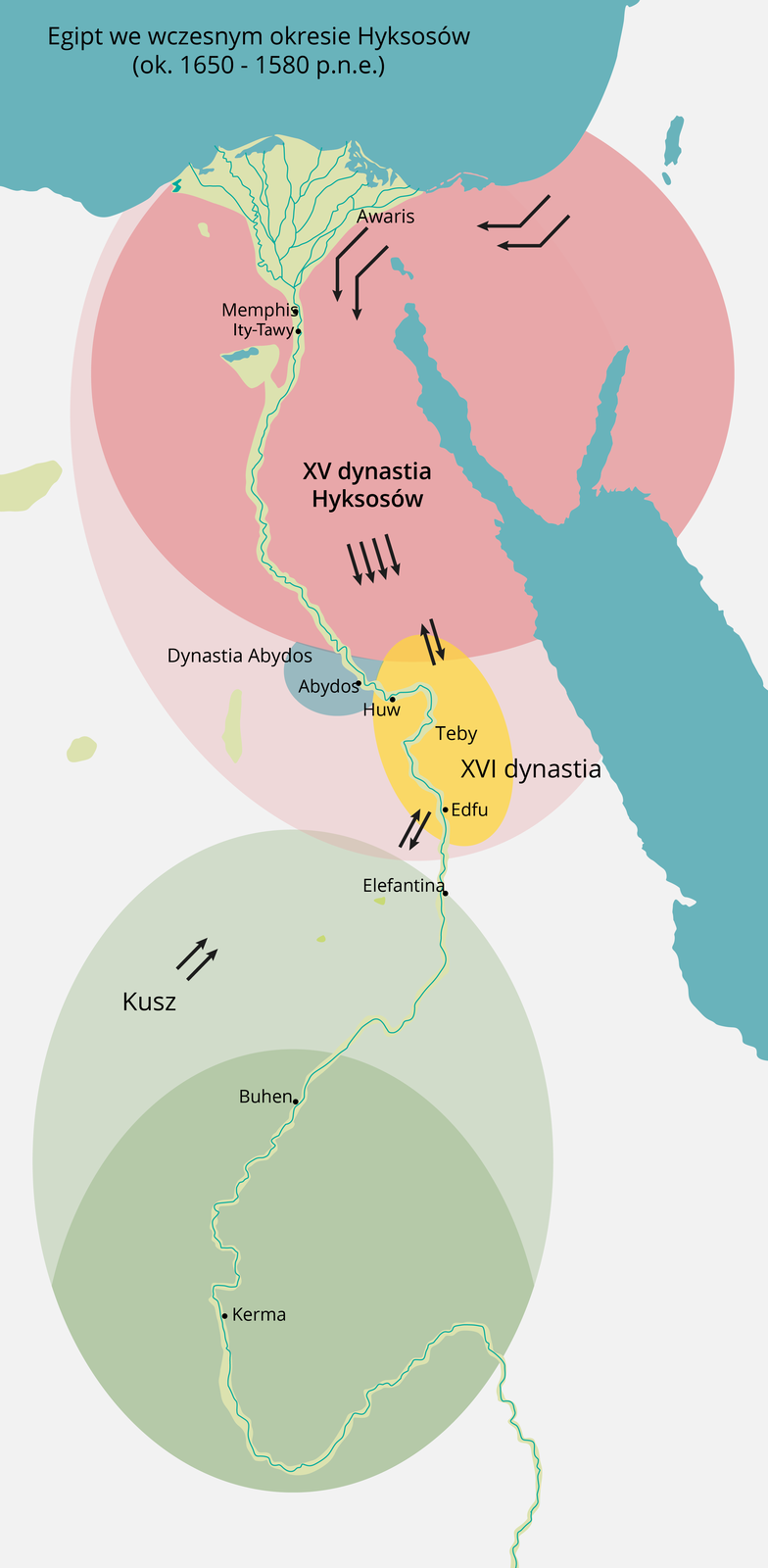 Ilustracja przedstawia mapę Egiptu. Od północy, brzegu Morza Śródziemnego oznaczono Dynastię Hyksosów, która rozrastała się na południe kraju, pozbawiając wpływów dynastie Abydos i Tebów. Od południa te same dynastie traciły swoje terytoria na rzecz Królestwa Kusz. Mapa pokazuje, jak zmniejszyło się ich terytorium w trakcie drugiego okresu przejściowego.