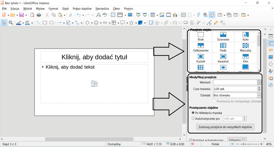 Ilustracja przedstawia otwarty program LibreOffice. Po kliknięciu piątej ikony od prawej na górnym pasku zadań, po prawej stronie ekranu pojawiły się dwa okna. Pierwsze zatytułowane Rodzaje slajdów, oraz drugie zatytułowane Modyfikuj przejście. Poniżej znajduje się jeszcze opcja przełączanie slajdów. Tam została wybrana opcja po kliknięciu myszą. 