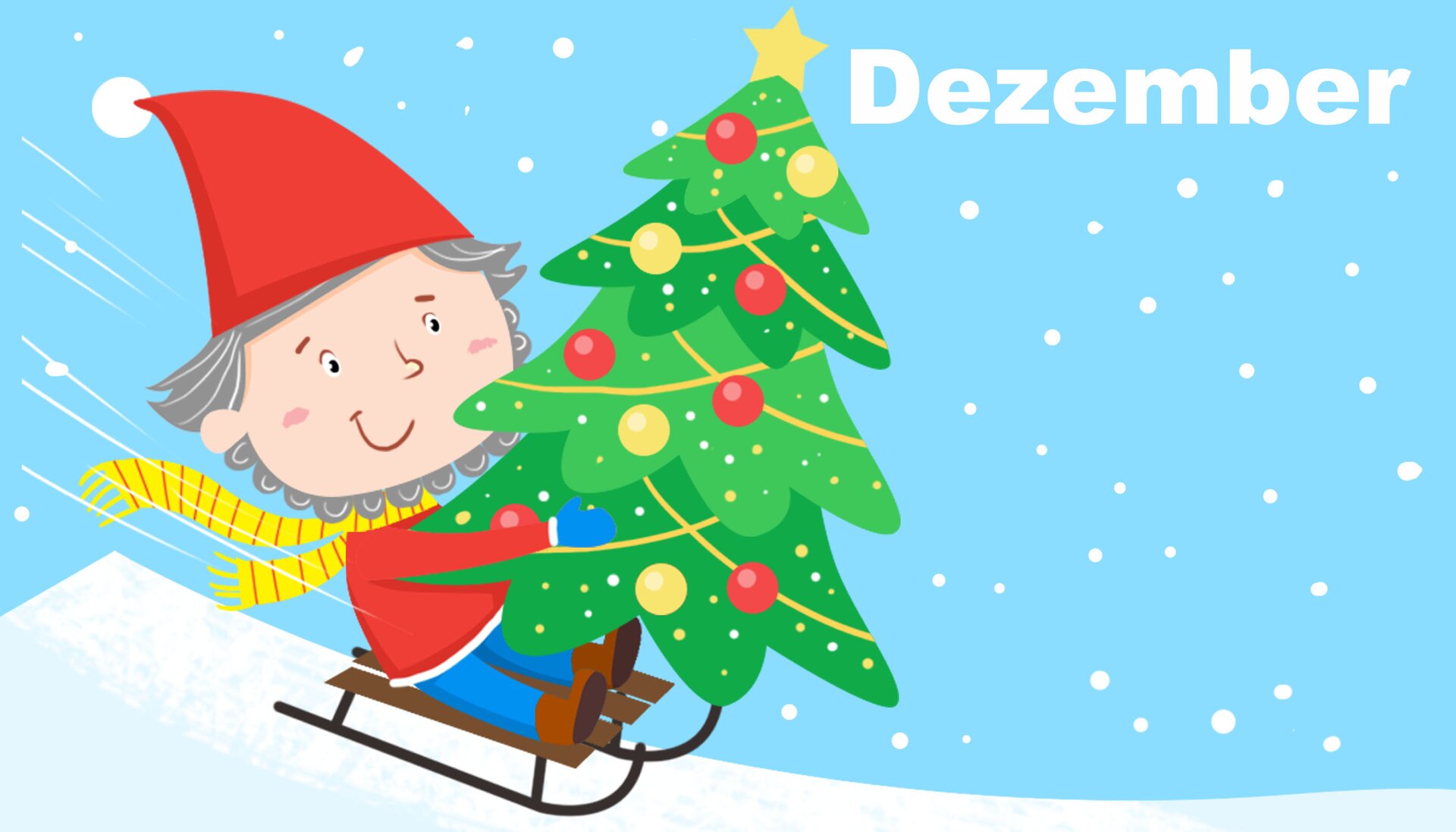 Na ilustracji znajduje się chłopiec zjeżdżający na sankach. Trzyma choinkę.