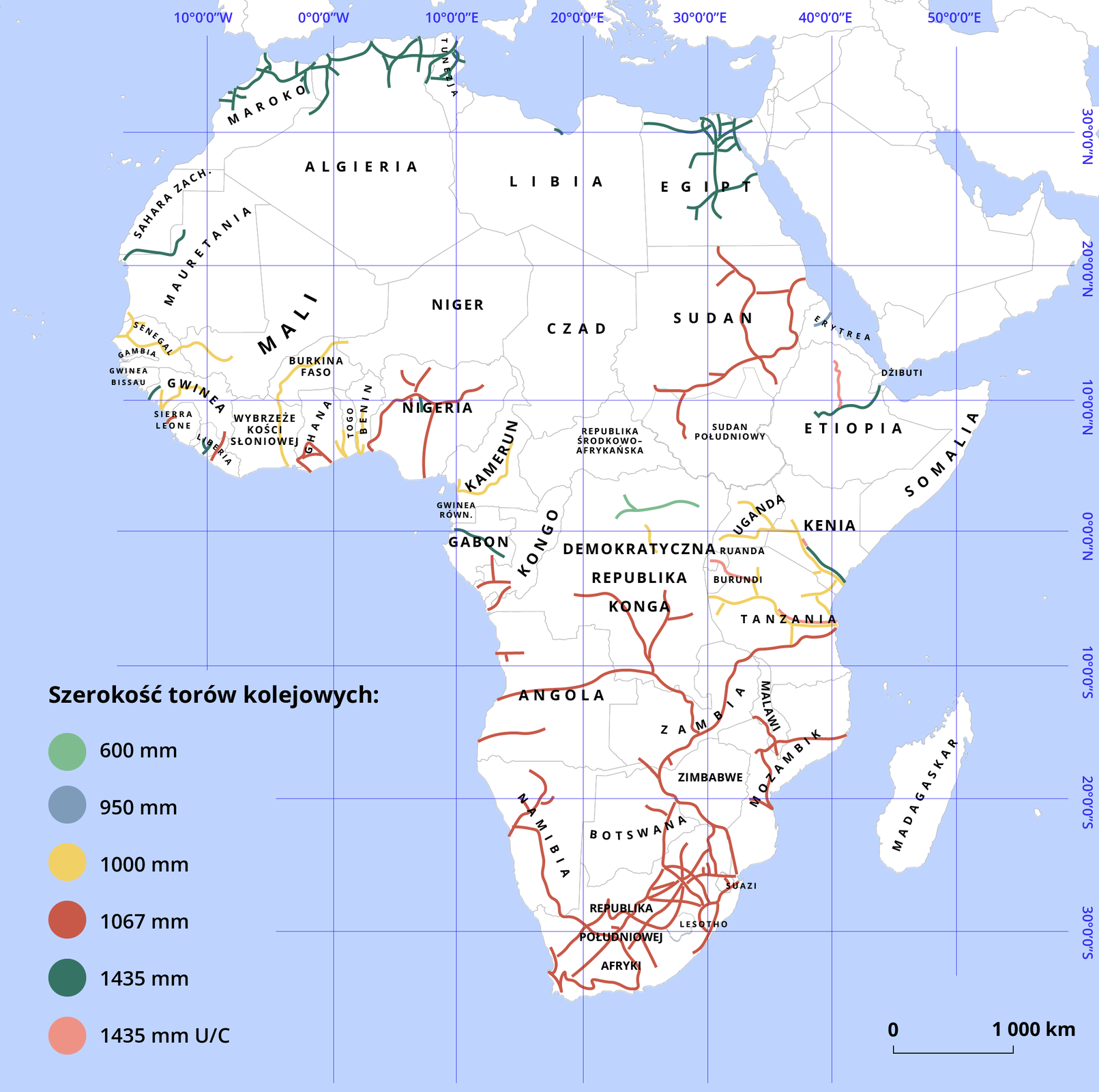 Mapa Afryki przedstawiająca sieć linii kolejowych. Najwięcej znajduje się na południu i w rejonie wybrzeży. W lewym dolnym rogu mapy znajduje się legenda, w której objaśniono kolory użyte na mapie. Legenda ma tytuł: Szerokość torów kolejowych:. Na jasno zielono oznaczono tory o szerokości 600 mm, na niebiesko 950 mm, na żółto 1000 mm, na czerwono 1067 mm, na ciemnozielono 1435 mm i na różowo 1435 mm U/C. Na mapie jest siatka kartograficzna na której opisano wartość równoleżników i południków, co 10 stopni. 