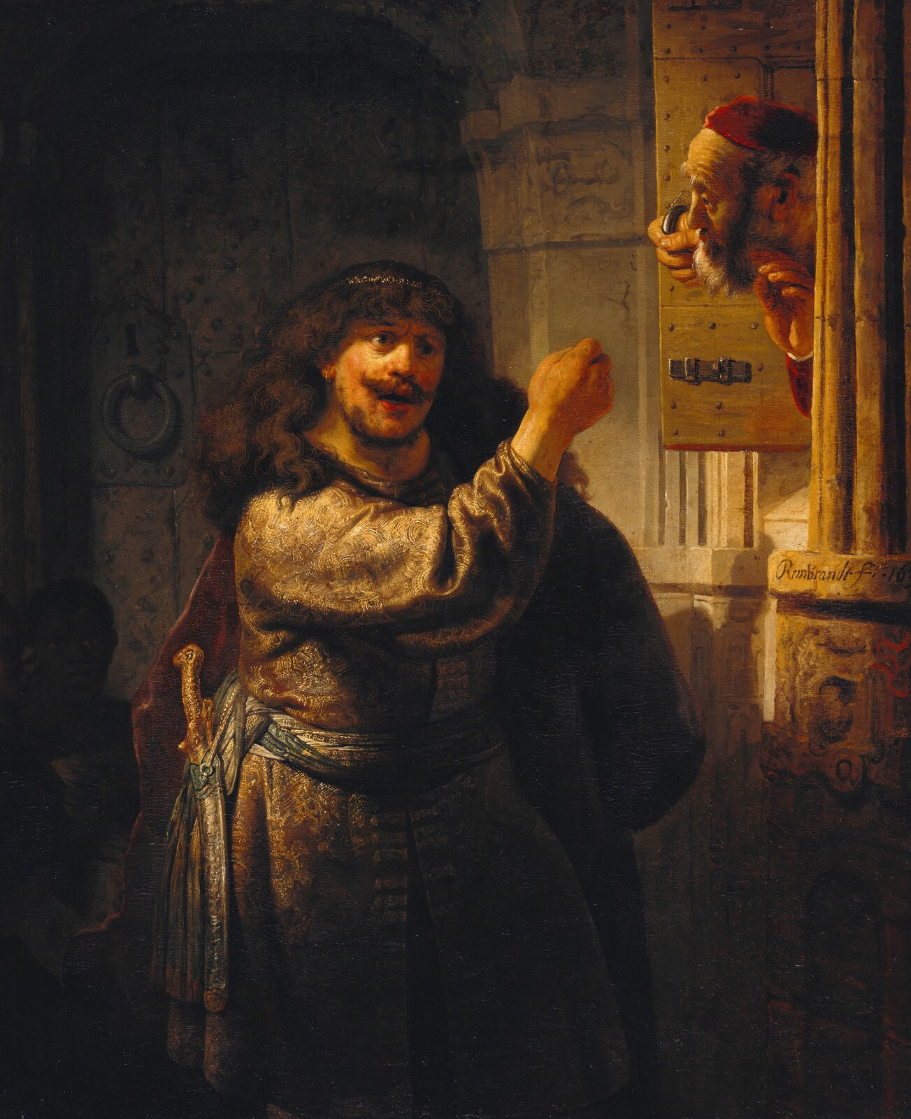Obraz przedstawia dwóch mężczyzn. W centralnej części znajduje się długowłosy, młody mężczyzna w przepasanej sukni i z mieczem u boku. Mężczyzna wygraża pięścią starszemu mężczyźnie, wyglądającemu nań z okna.